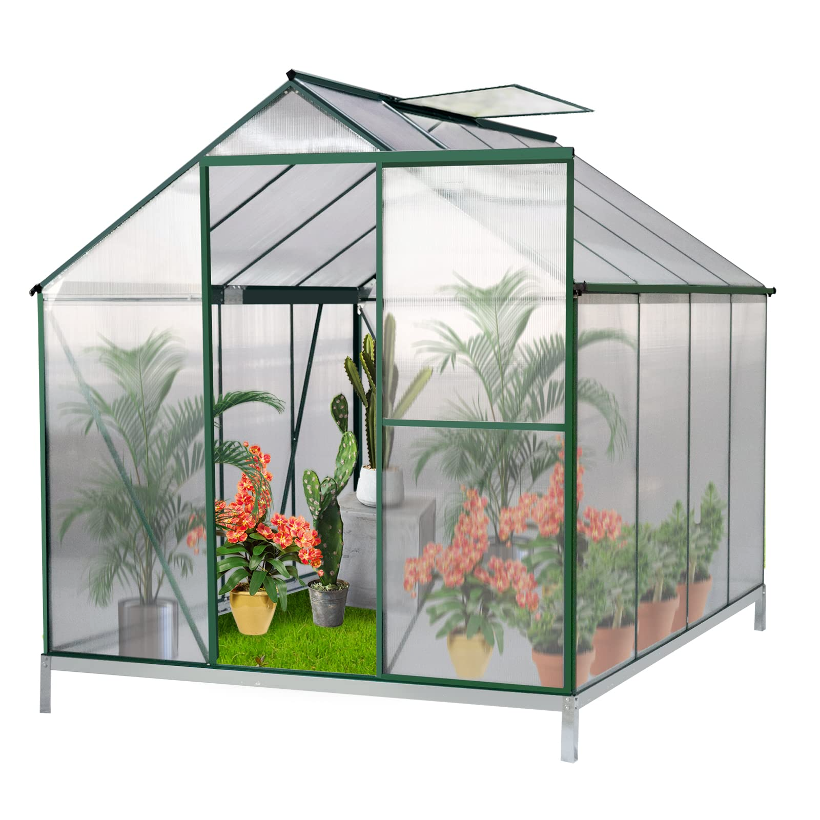 【Home&Garden】6x8 Hobby Greenhouse, Polycarbonate Aluminum Green House with Window, Heavy Duty Greenhouses Kit
