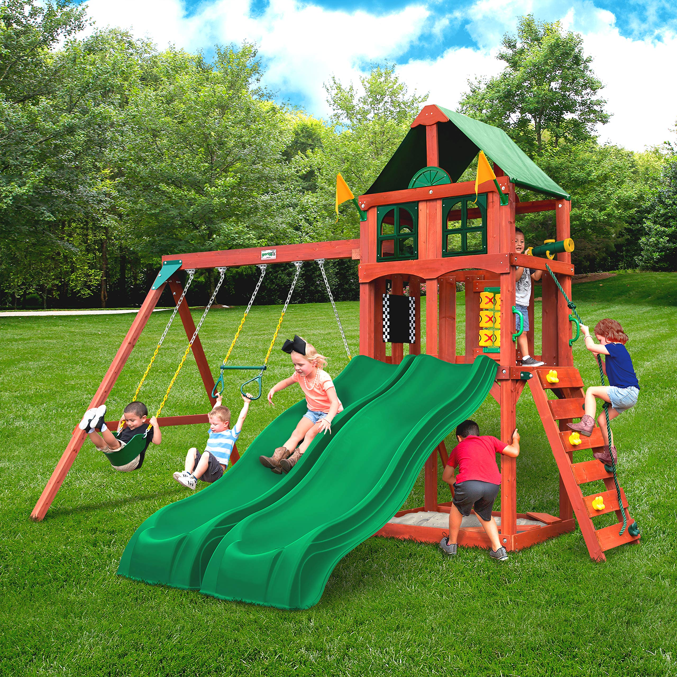 【Baby&Kids】Deluxe Wooden Swing Set with Vinyl Canopy Roof, Dual Wave Slides, and Rock Climbing Wall