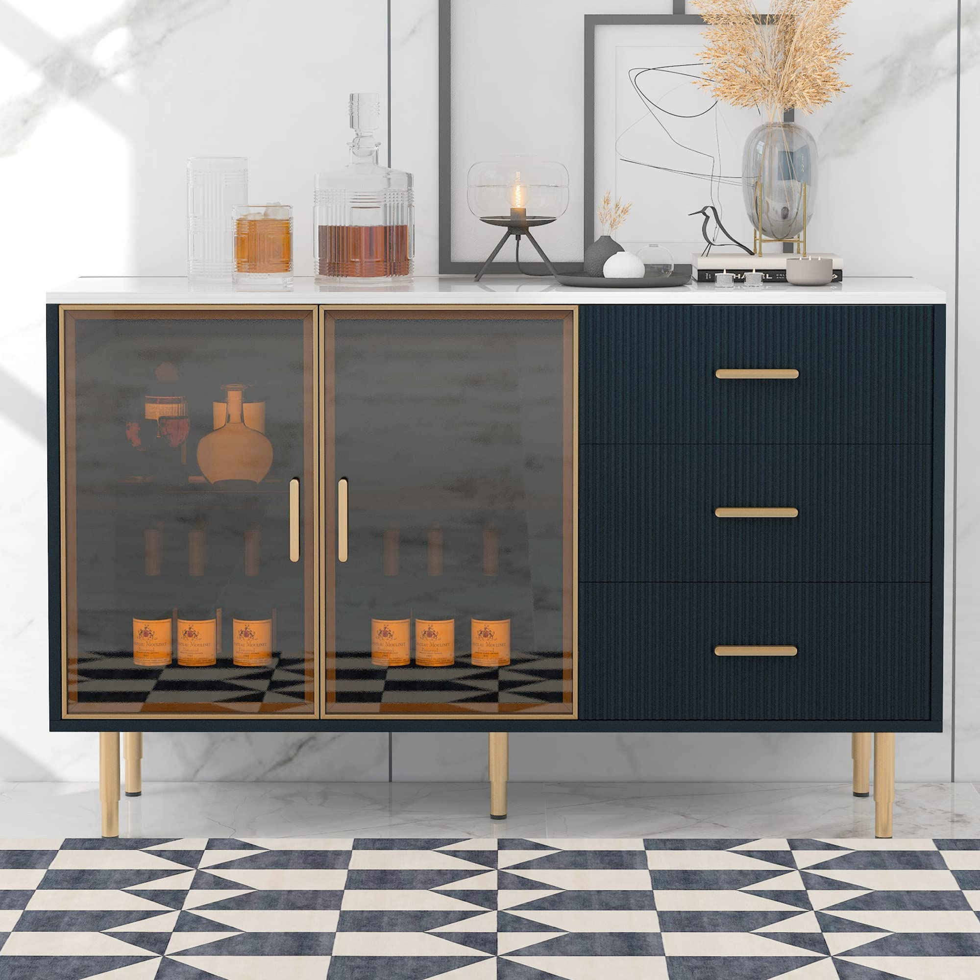 【Furniture】Modern Sideboard Cabinet Accent Buffet Storage Glass Doors Sideboard Cabinet Marble Top