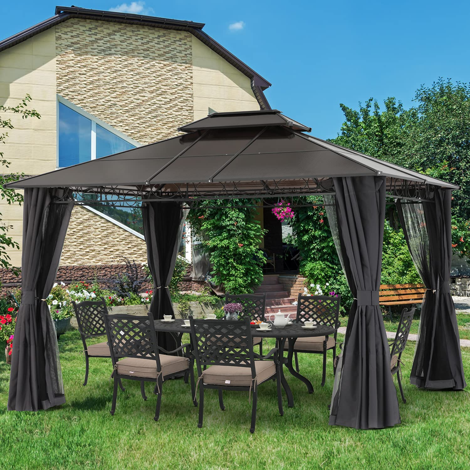 【Gazebo】10x12 Double Roof Hardtop Patio Gazebo Canopy Aluminum Frame with Netting & Screen Walls Curtains