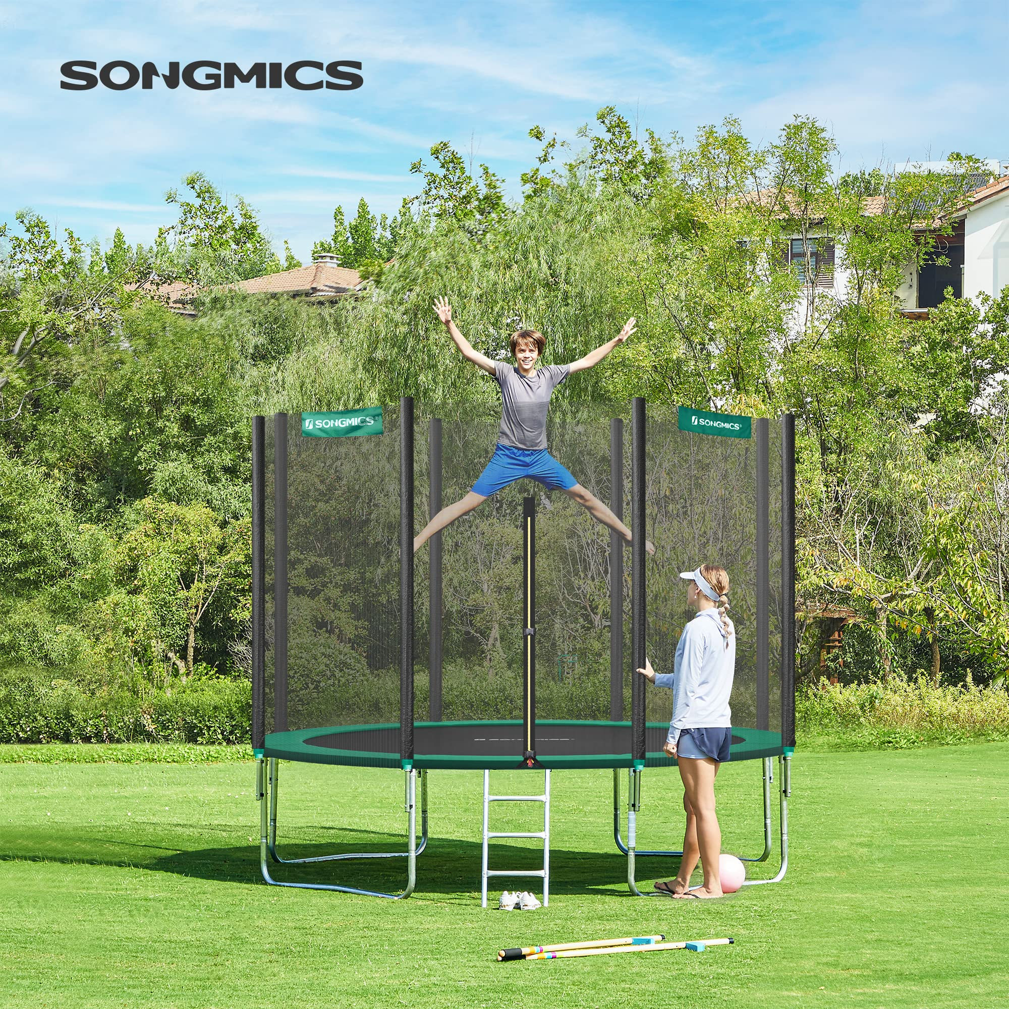 【Baby&Kids】Trampoline, 12 ft Round Trampoline for the Garden with Ladder, Safety Net Enclosure