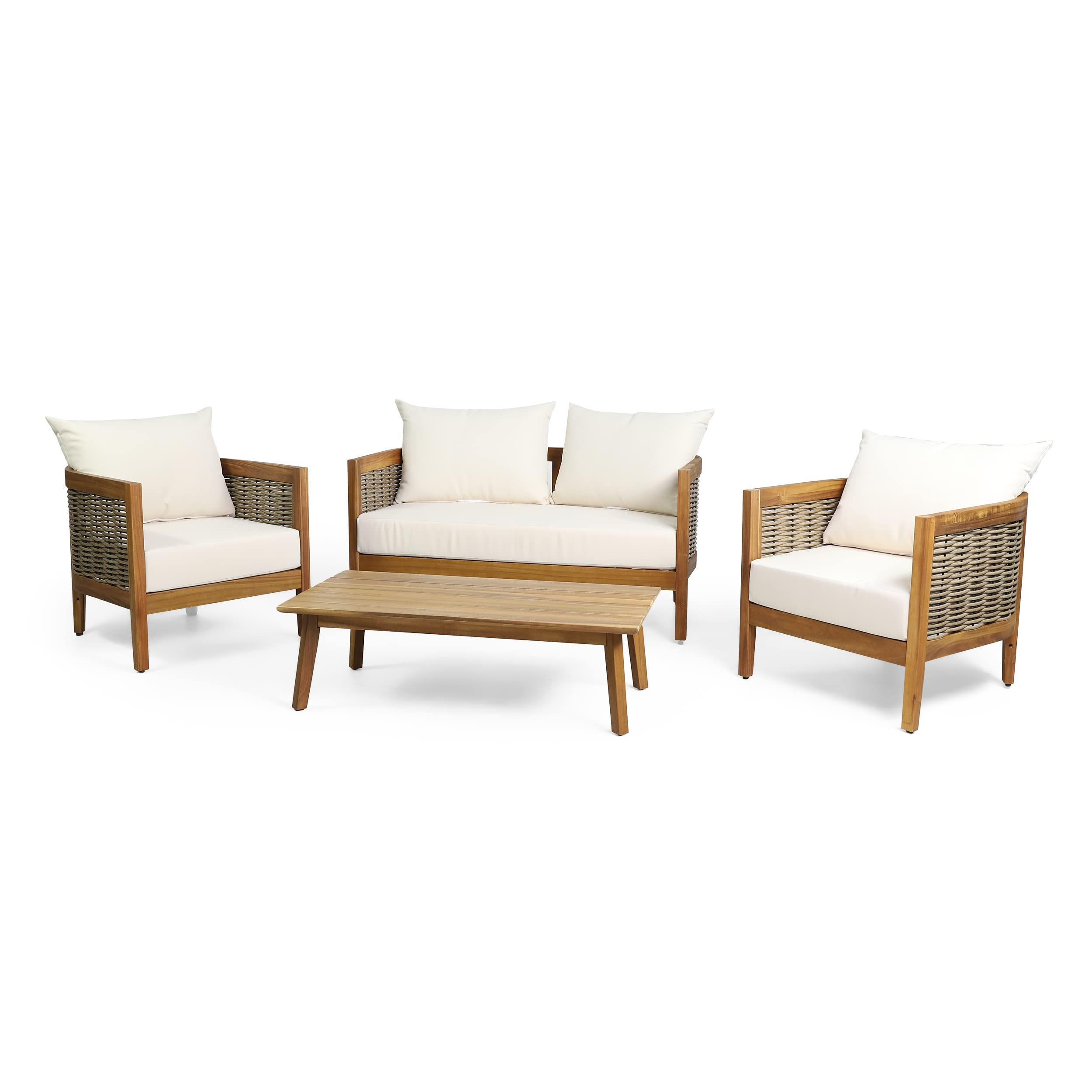 【Furniture】Burchett Outdoor 4 Pcs Chat Set - Acacia Wood and Wicker - Teak/Mixed Brown/Beige