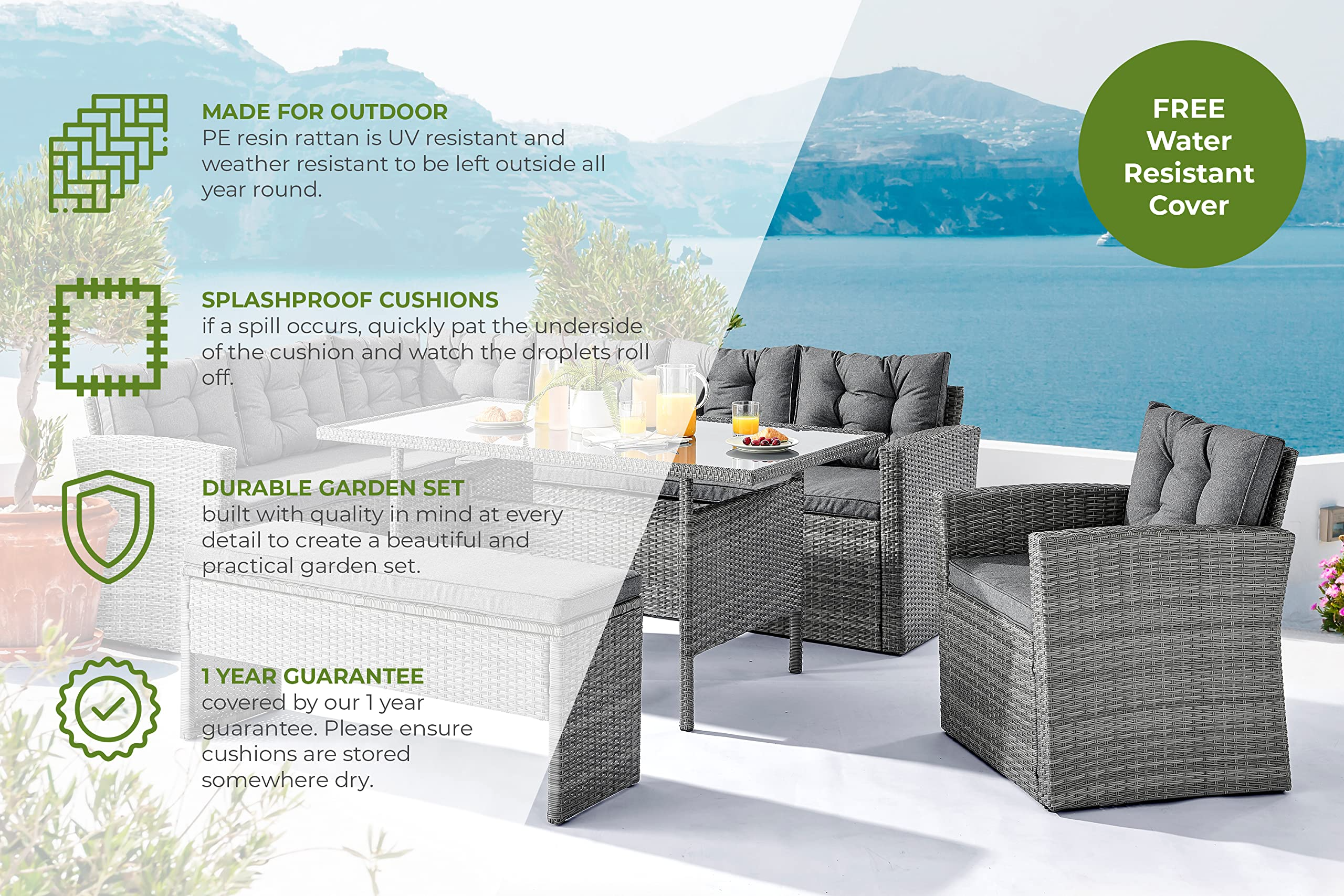 【Furniture】Sorrento Grey Rattan Outdoor Garden Dining Set 8 Seat - Right Side Facing