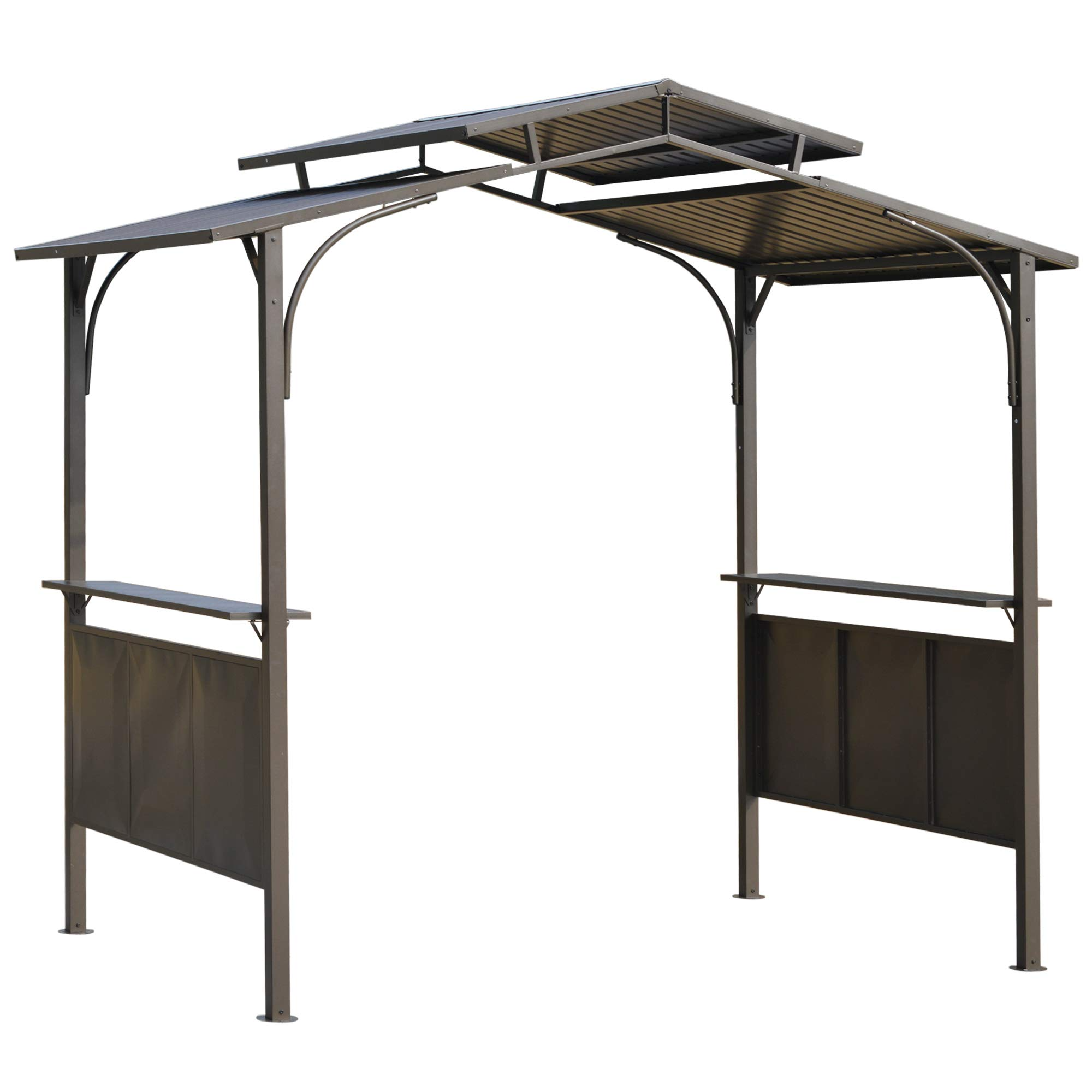 【Home&Garden】8'x5' BBQ Grill Gazebo with 2 Side Shelves, Outdoor Double Tiered Interlaced Polycarbonate Roof