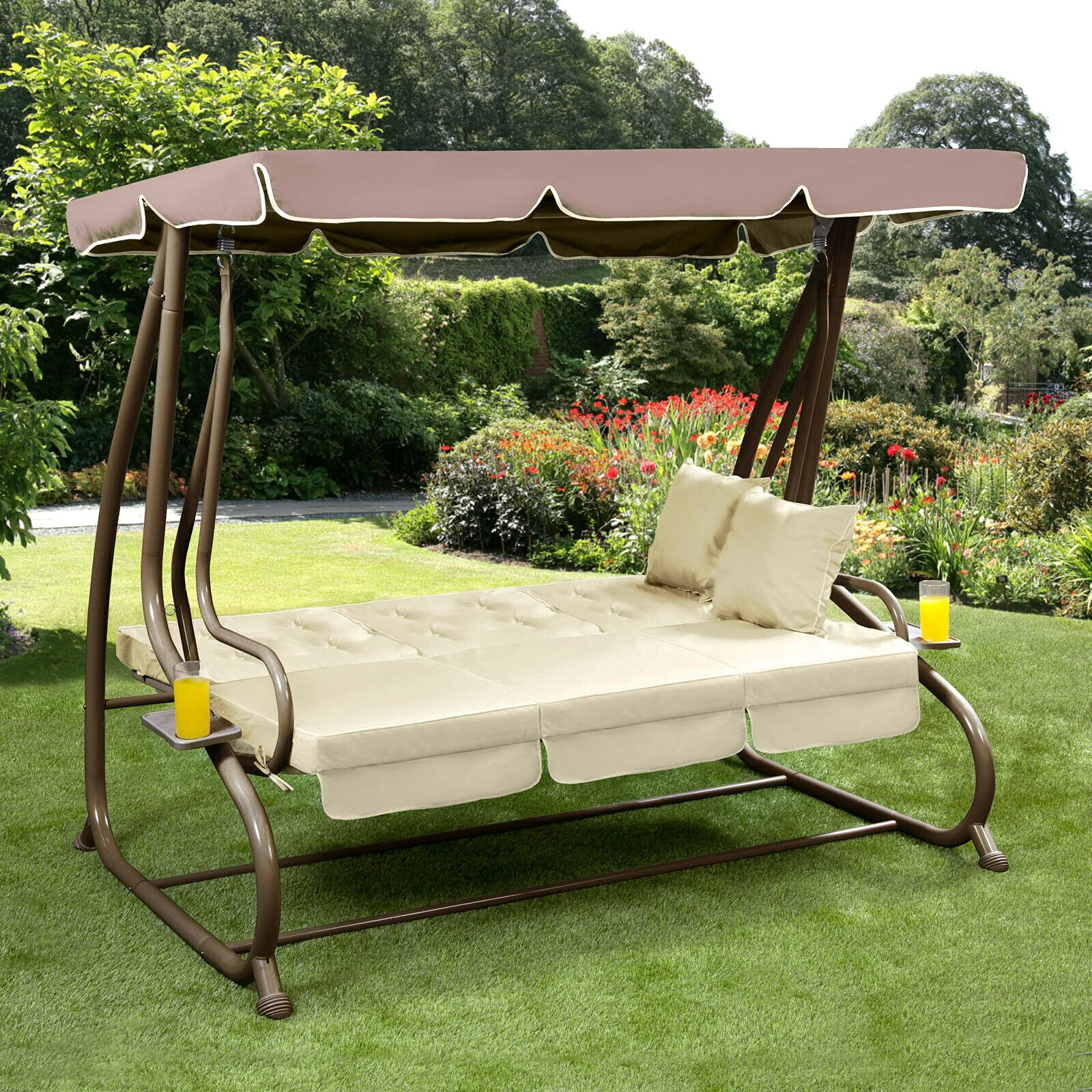 【Home&Garden】Somerset 3 Seat Swing Hammock Bed Heavy Duty Garden Bench Patio Brown Cream Seat