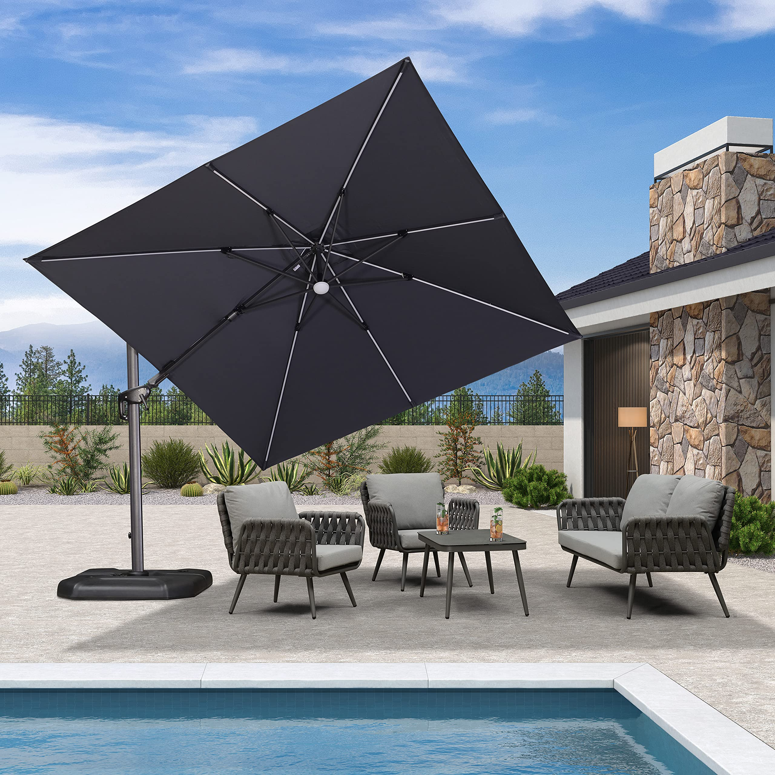 【Home&Garden】10 Feet Patio Umbrella Outdoor Cantilever Solar Powered LED Swivel Square Umbrella