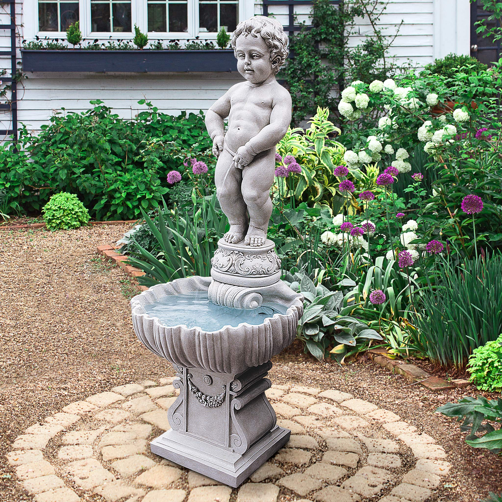 【Décor】Complete Manneken Pis Peeing Boy Water Fountain Garden Decor with Base Outdoor Water Feature