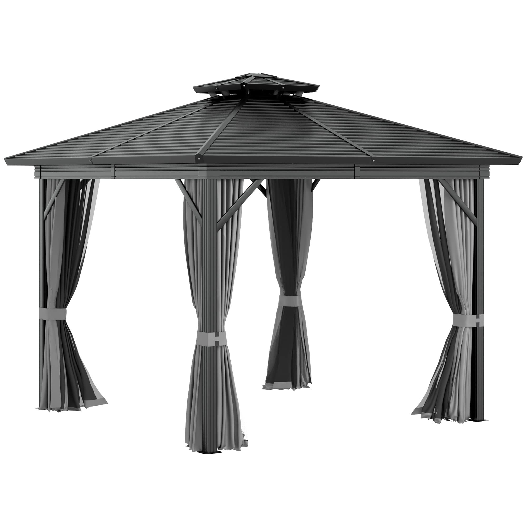 【Gazebo】10x10 Hardtop Gazebo with Aluminum Frame, Permanent Metal Roof Gazebo Canopy w/ Curtains & Netting