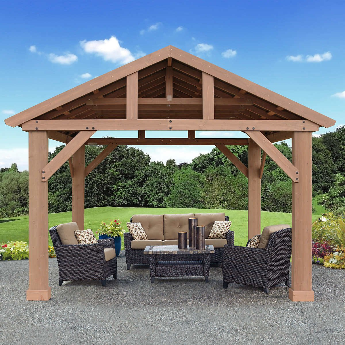 【Gazebo】14x12 Outdoor Pavilion Gazebo, Pre-Stained Premium Cedar Wood & Aluminum
