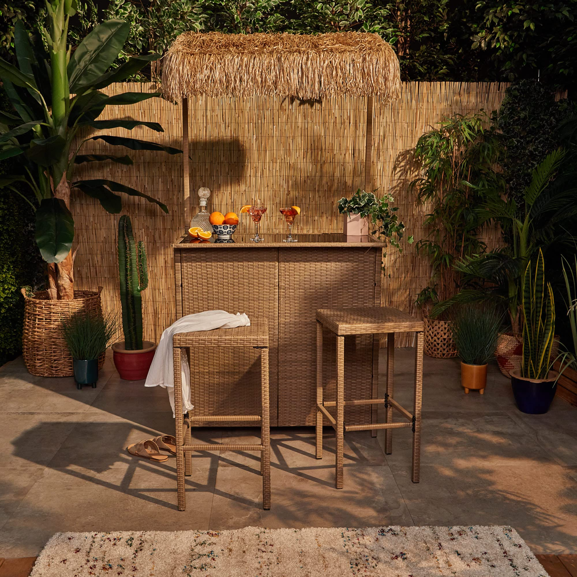【Home&Garden】Bar Set - Garden Bar Table, 2 Stools & Canopy Roof - Hand-Woven Rattan Cocktail Outdoor Bar