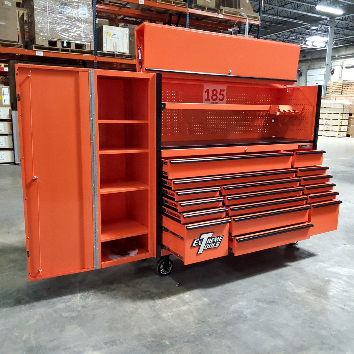 n- used toolboxScratch & Dent, Extreme Tools DX Series 72 x 21 Triple Bank Roller, Hutch & Side Locker Combo in Orange with Blackn-