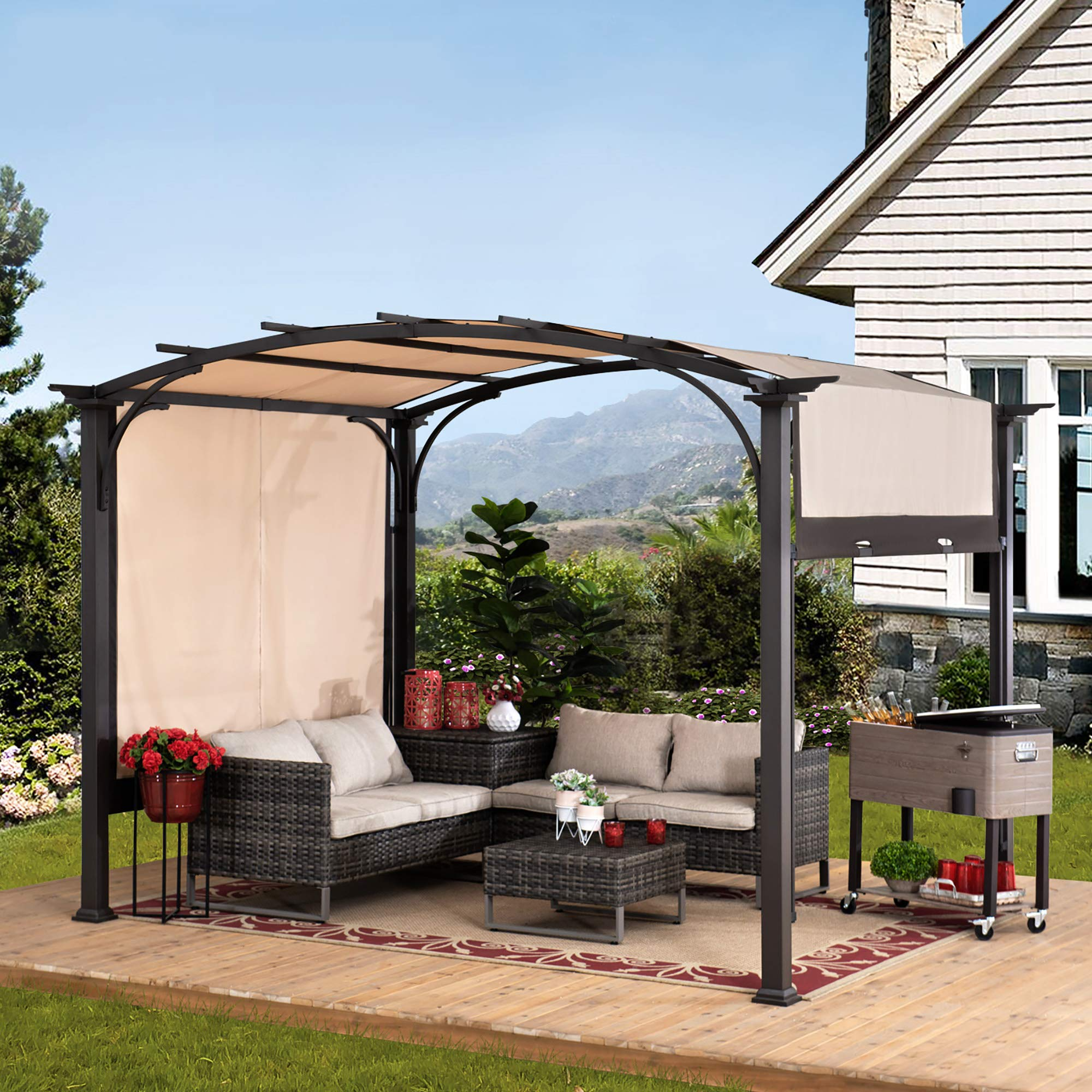 【Home&Garden】【BS】9.5x11 Steel Arched Pergola with 2-Tone Adjustable Shade, Tan & Brown