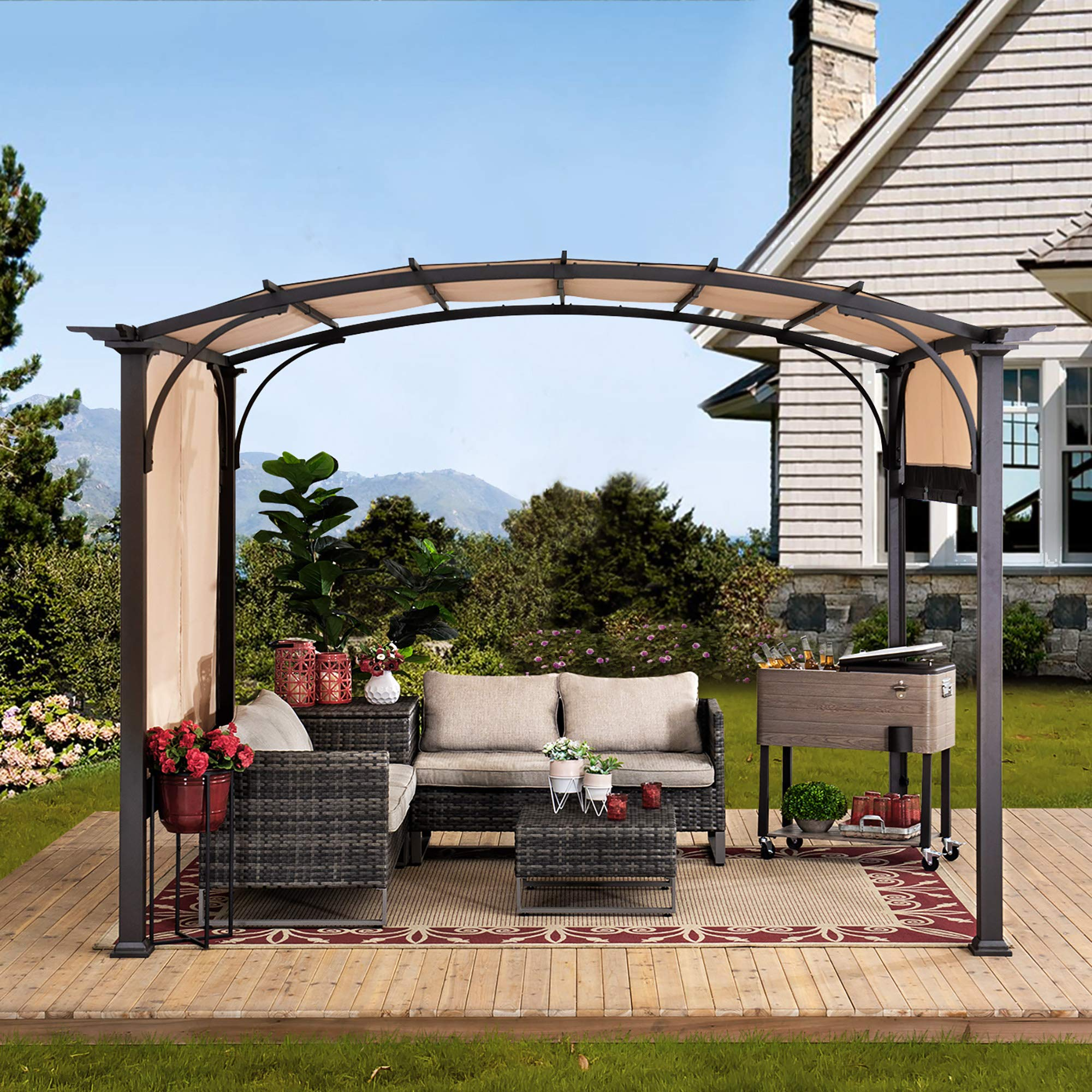 【Home&Garden】【BS】9.5x11 Steel Arched Pergola with 2-Tone Adjustable Shade, Tan & Brown