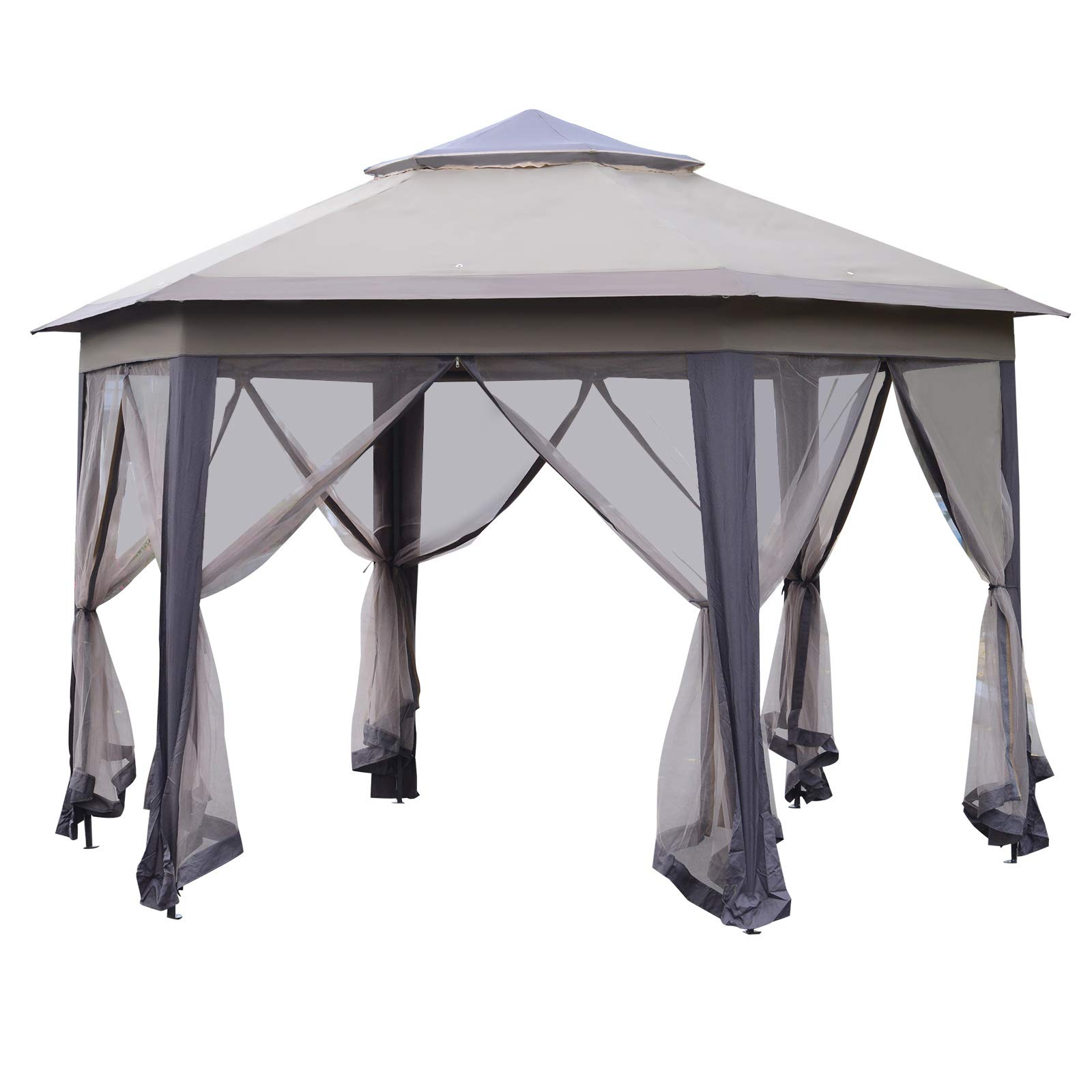 【Gazebo】13' x 13' Pop-Up Double Roof Six-Sided Pavilion with Sheltering Mesh