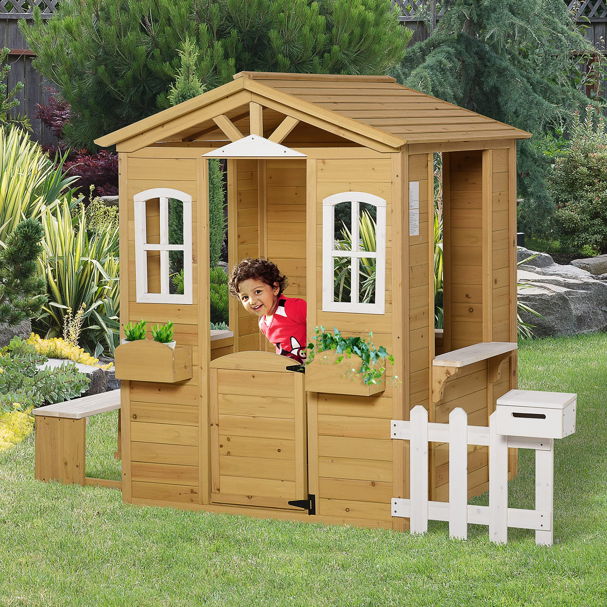 【Baby&Kids】Outdoor Playhouse for Kids Wooden Cottage, Pretend Play House for Age 3-6 Years