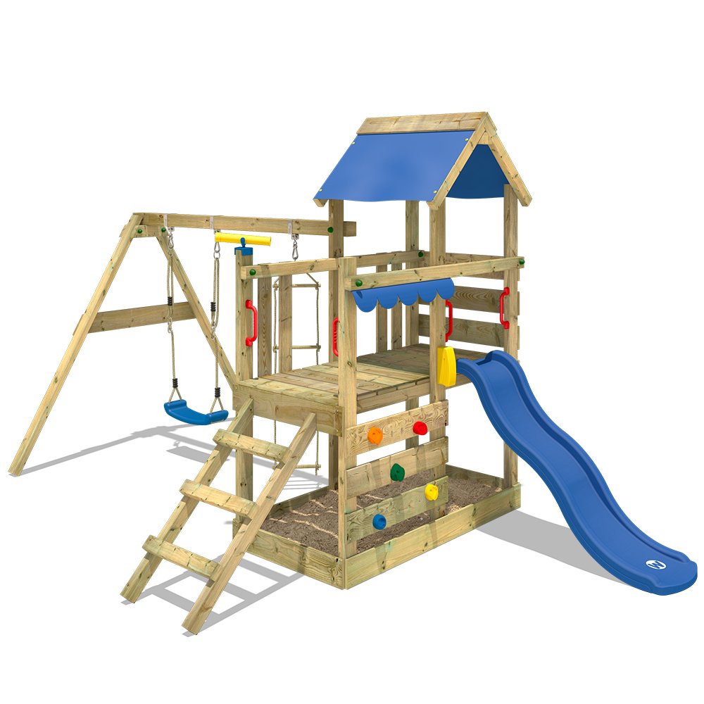 【Baby&Kids】Wooden climbing frame TurboFlyer with swing set and blue slide, Garden playhouse