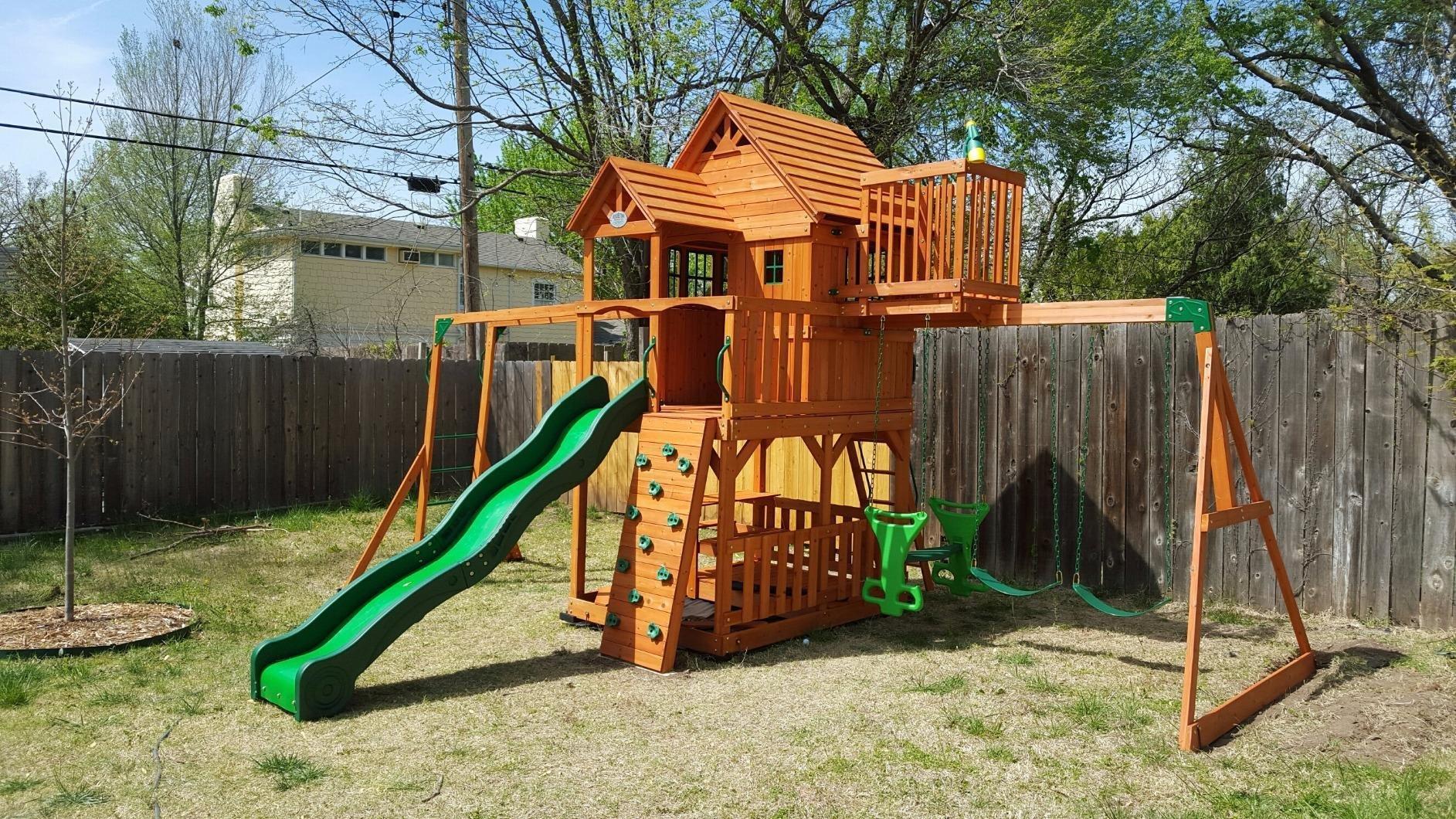 【Sports & Outdoor】Skyfort II Playground Cedar Wood Swing Set with Playhouse Fort, Sandbox, Picnic Table, Slide
