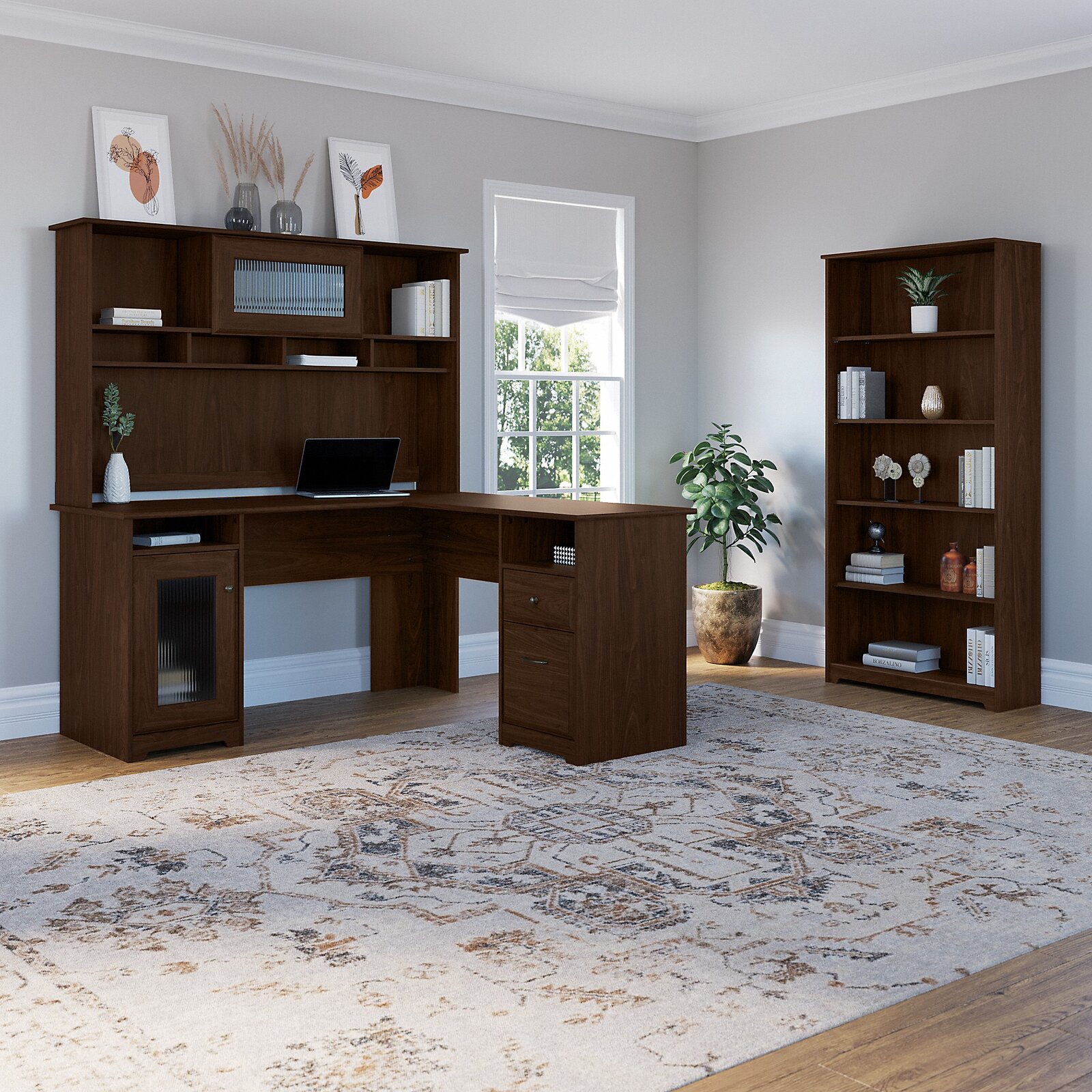 【Furniture】Alharby 4 Piece L-Shape Computer Desk Office Set with Hutch