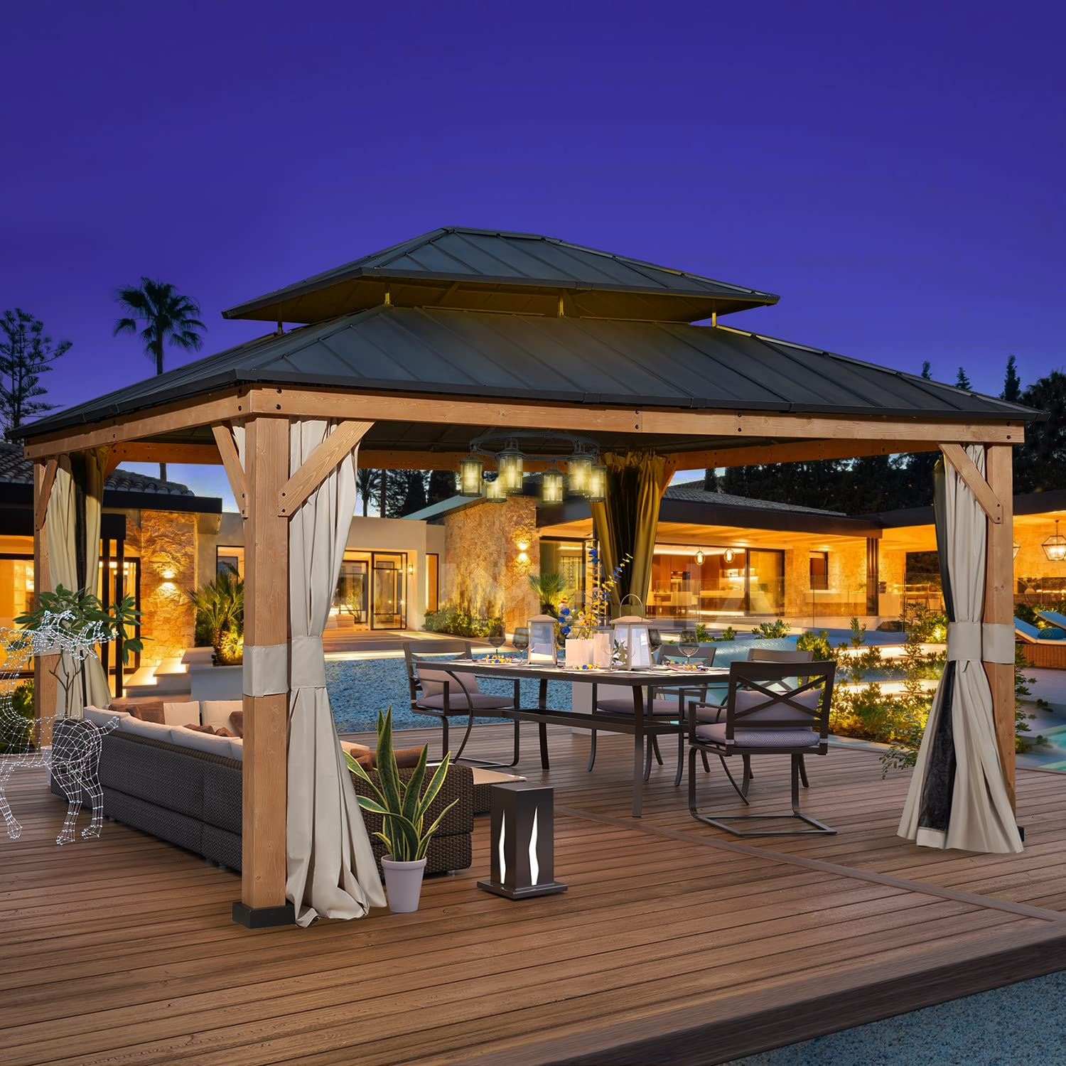 【Gazebo】13'x15' Cedar Wood Gazebo, Outdoor Double Roof Hardtop Gazebo