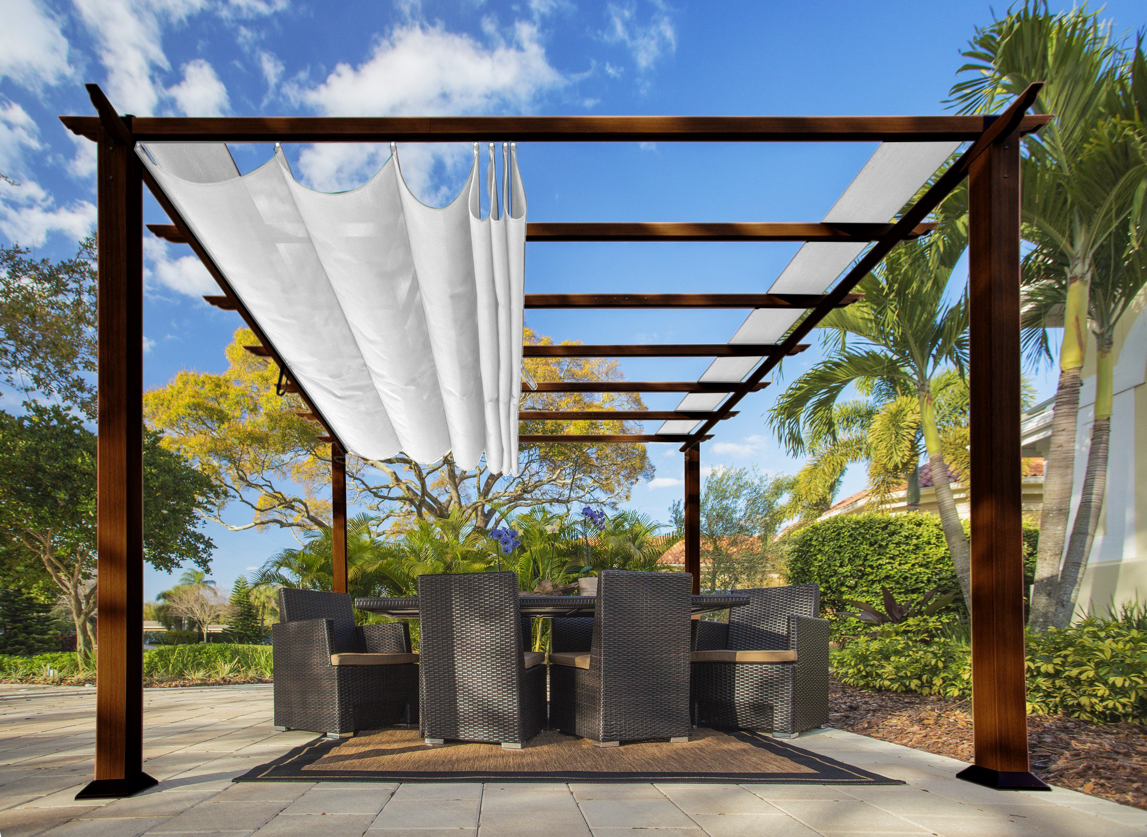 【Home&Garden】11' x 11' Palermo Soft Top Pergola, Chilean Ipe Wood Aluminum Frame Finish with Off-White Canopy