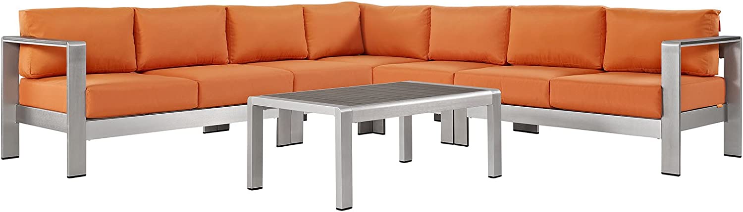 Modway Shore 6-Piece Aluminum Outdoor Patio Sectional Sofa Set in Silver Gray
