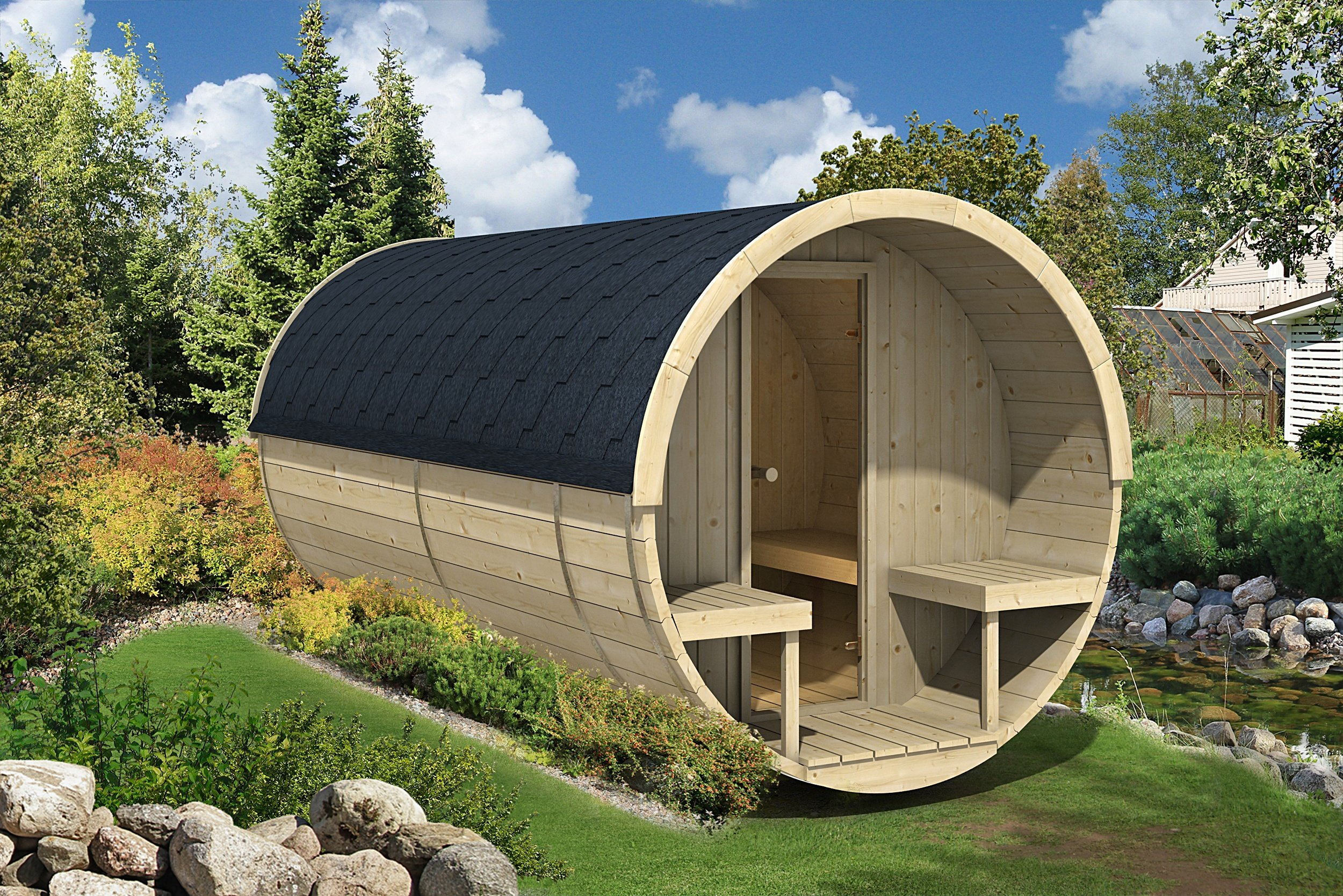 【Home&Garden】8 Person Barrel Sauna with Separate Dressing Room & Electric Heater