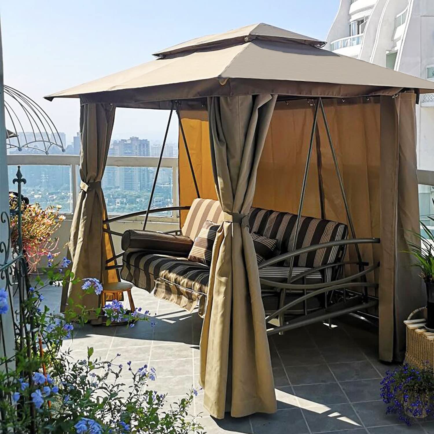 【Gazebo】3 Person Outdoor Patio Porch Swing Gazebo with Netting & Gazebo Curtains