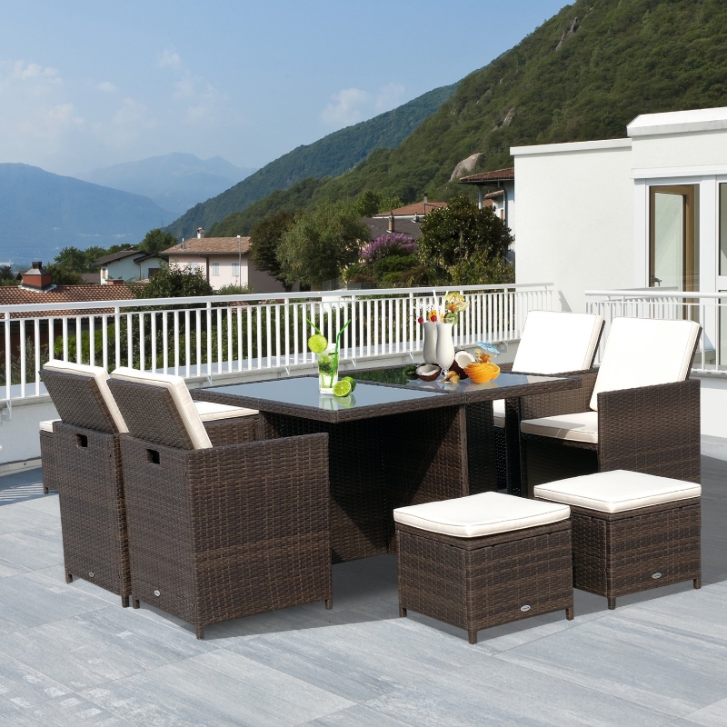 【Home&Garden】9 Pieces Patio Dining Sets Outdoor Space Saving Rattan Chairs with Glass Table