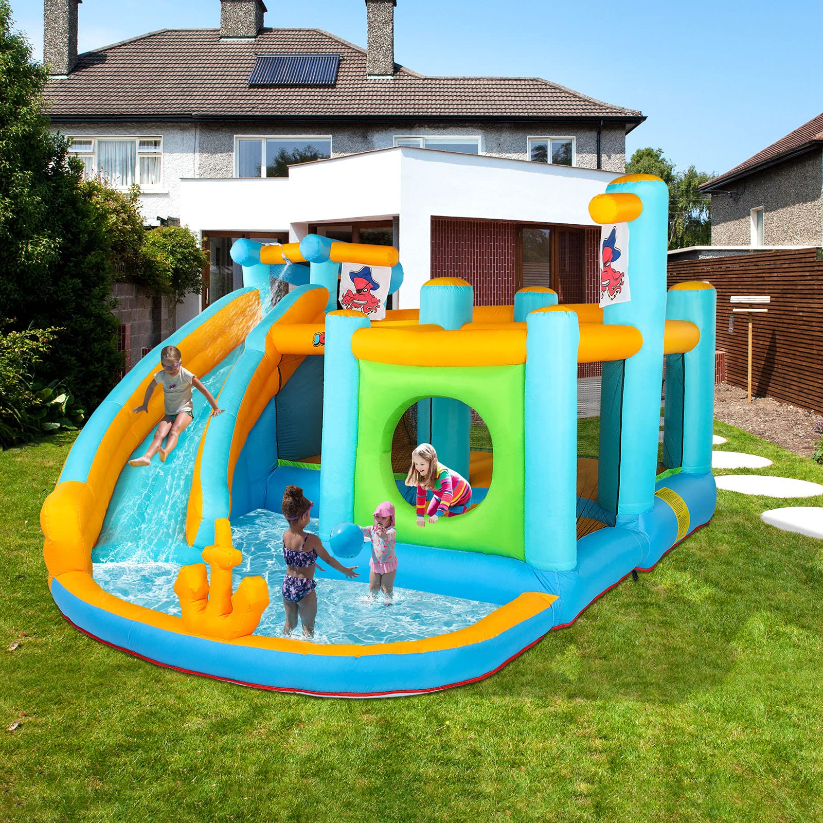 【Baby&Kids】Inflatable Water Slide Park, Pirate Themed Bounce House, Obstacle Course, Water Cannon