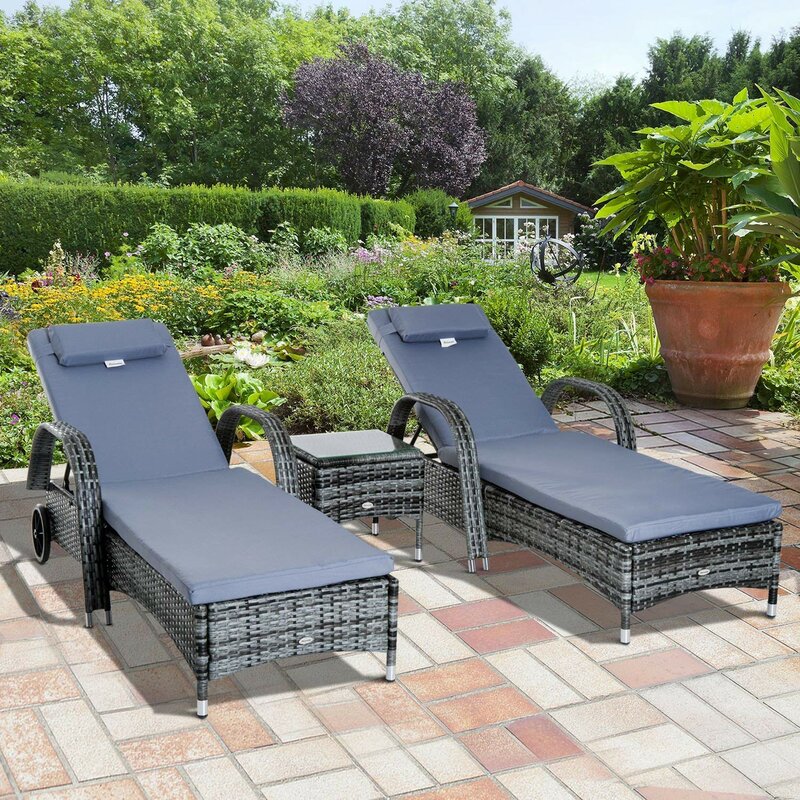 【Furniture】3 PCS Patio Wicker Chaise Lounge Chair Set, Outdoor Reclining Chair with Table & Cushion