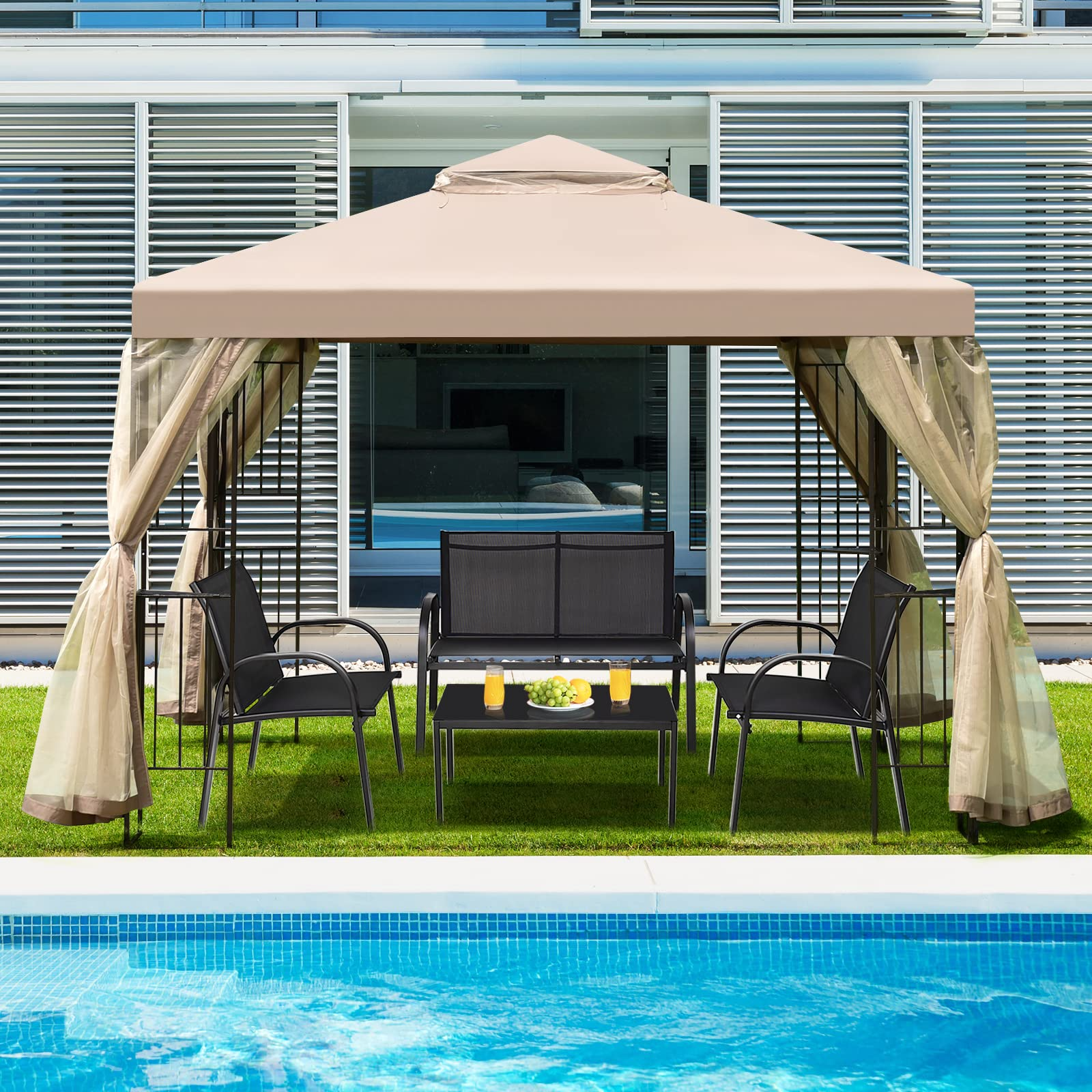 【Gazebo】10x10 Feet Patio Gazebo, Outdoor Gazebo Canopy Shelter w/ Netting