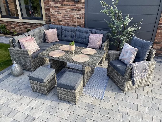 【Furniture】Sorrento Grey Rattan Outdoor Garden Dining Set 8 Seat - Right Side Facing