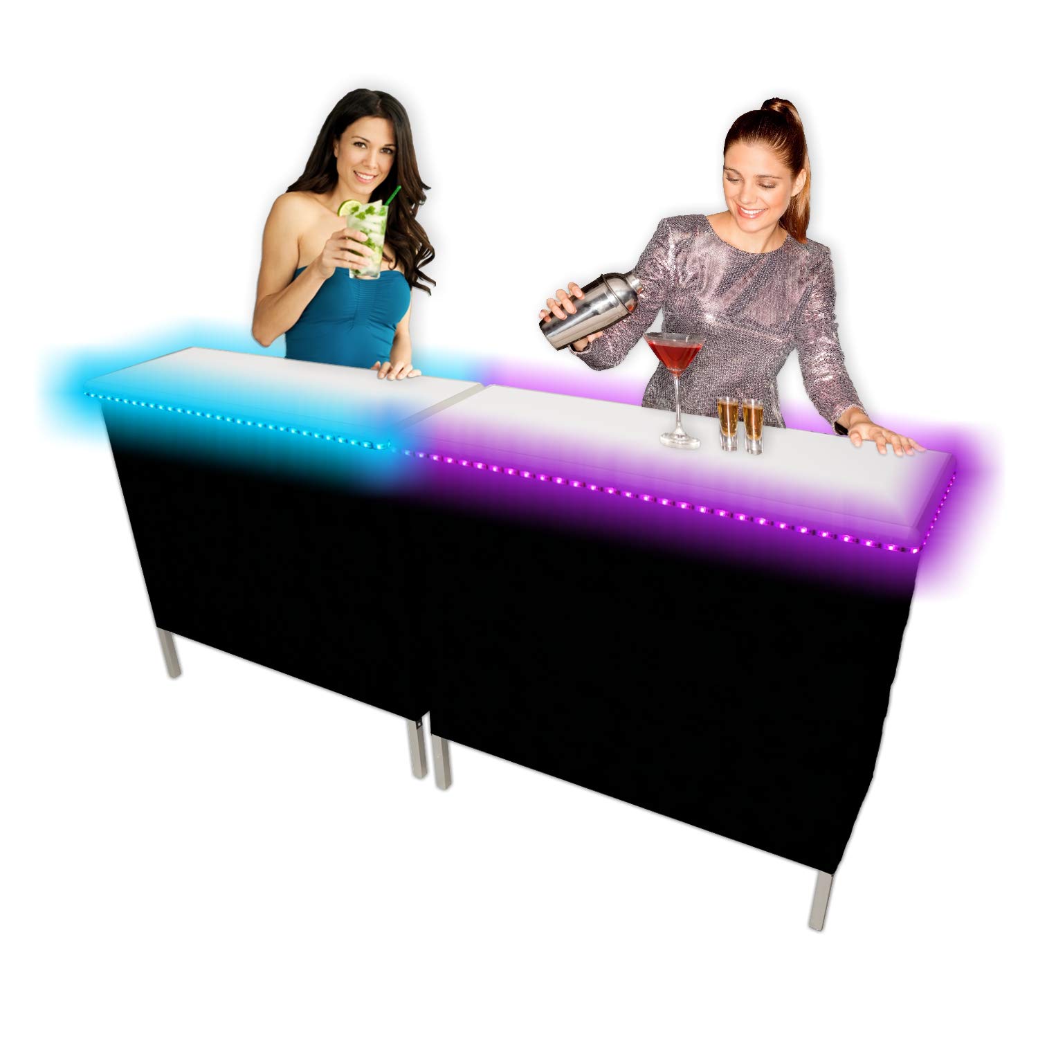 【Furniture】Folding Portable Party Bar w/Color-Changing LED Lights, Black & Hawaiian Bar Skirts & Storage Shelf