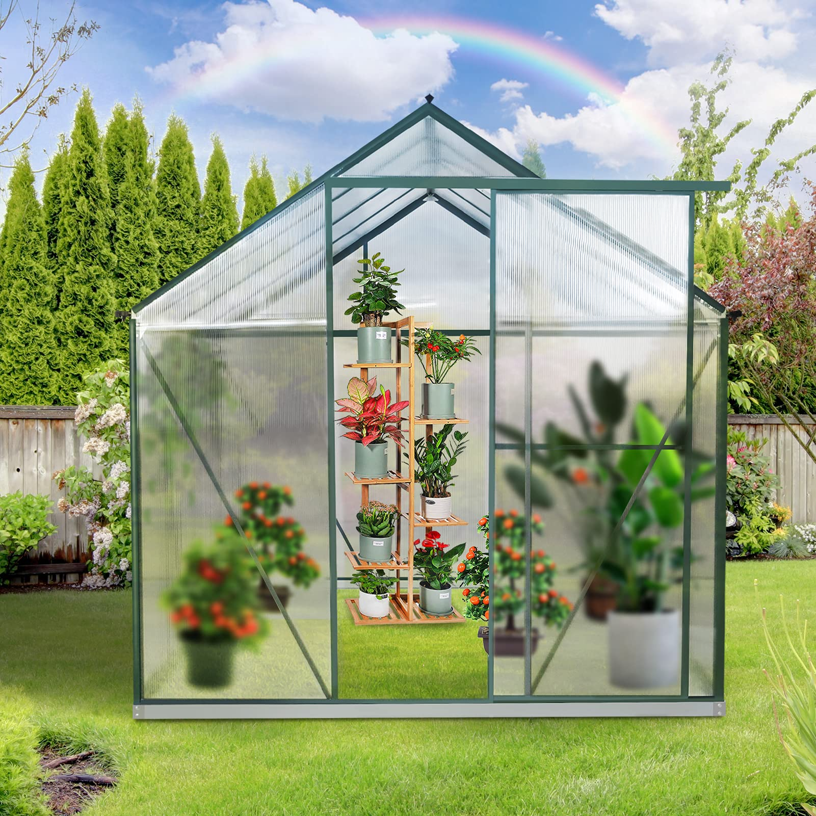【Home&Garden】6x8 Hobby Greenhouse, Polycarbonate Aluminum Green House with Window, Heavy Duty Greenhouses Kit