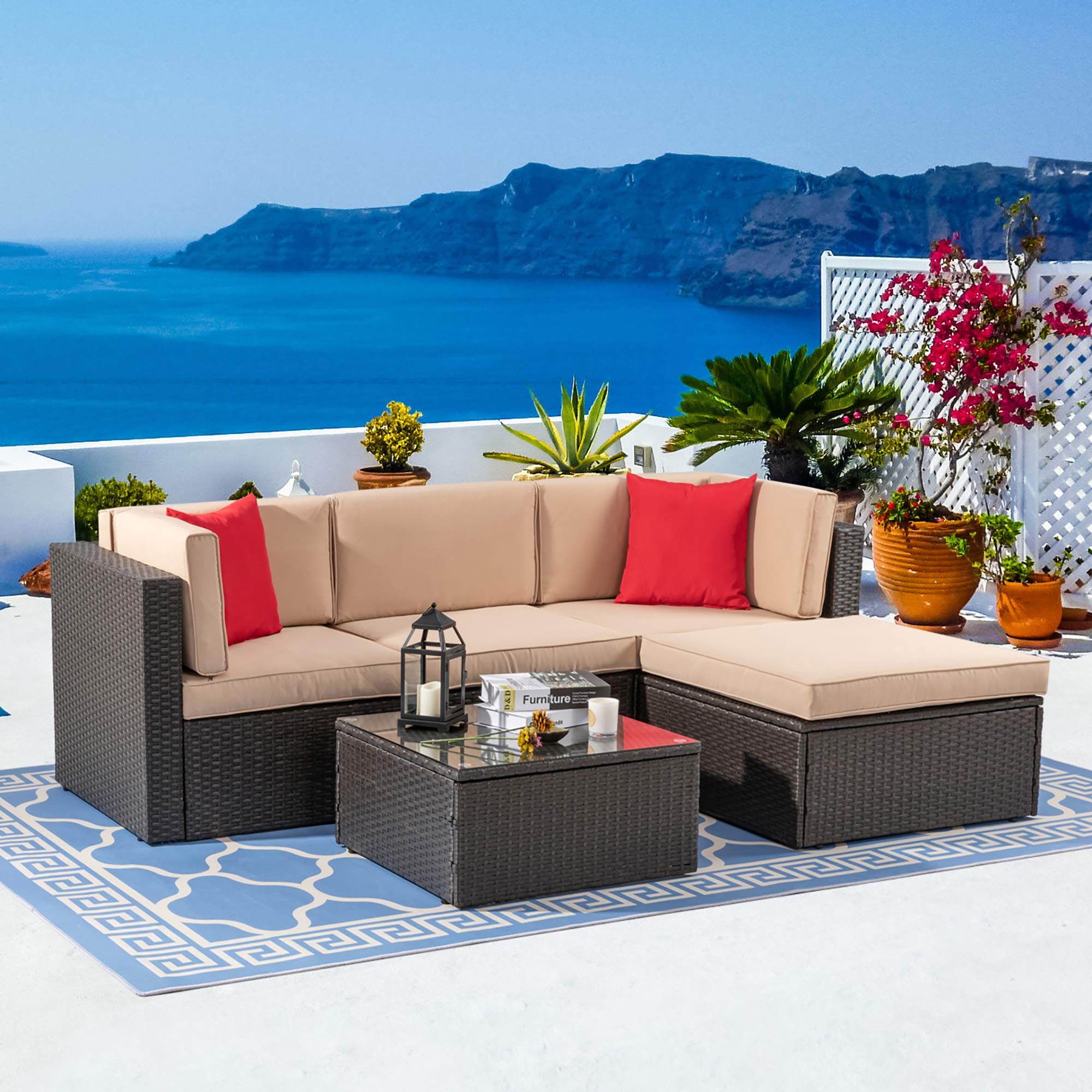 【Furniture】5 Pcs Patio Furniture Sets, All-Weather Brown PE Wicker Outdoor Couch Sectional Patio Set
