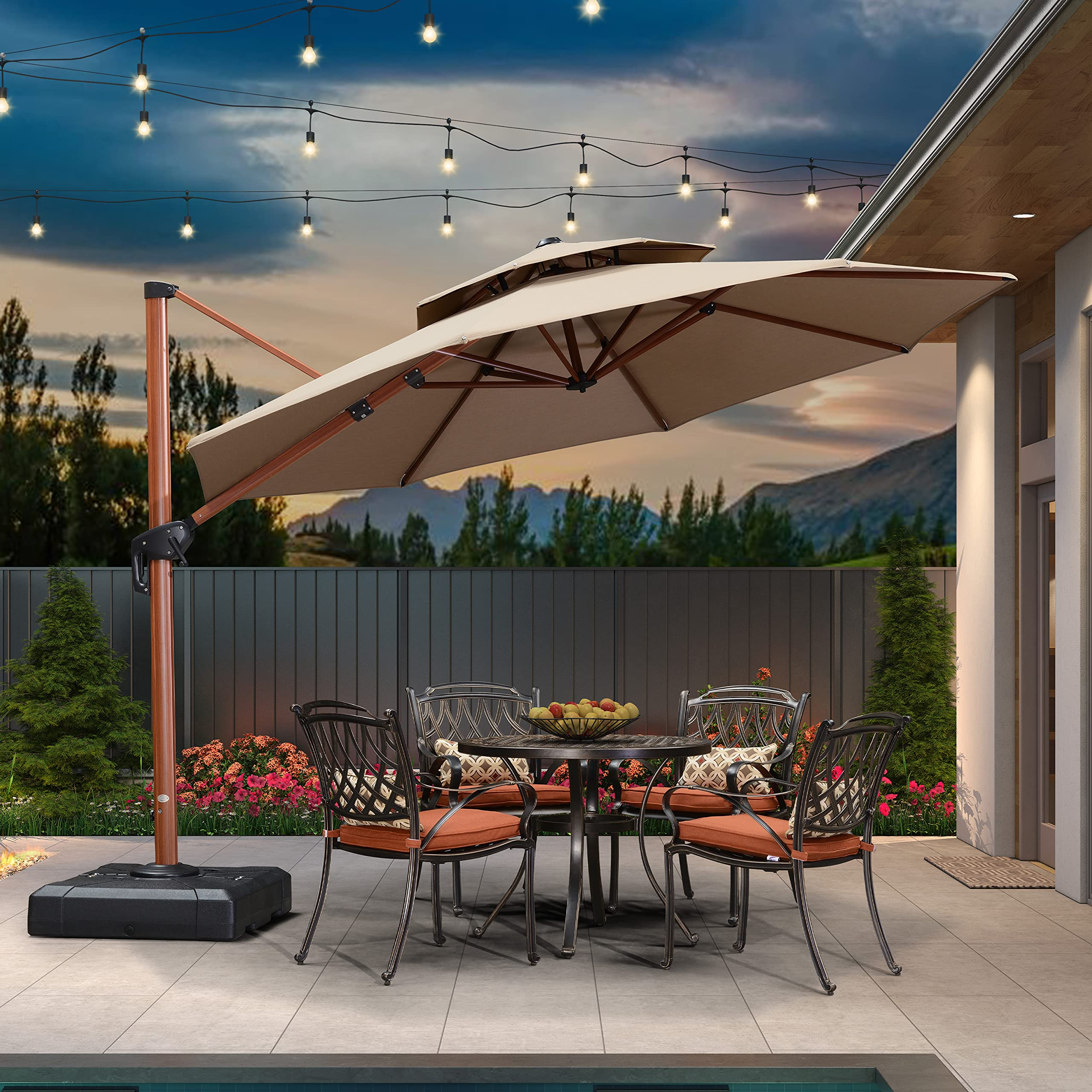 【Home&Garden】11 Ft Double Top Deluxe Sunbrella Wood Pattern Round Patio Umbrella Offset Hanging Umbrella