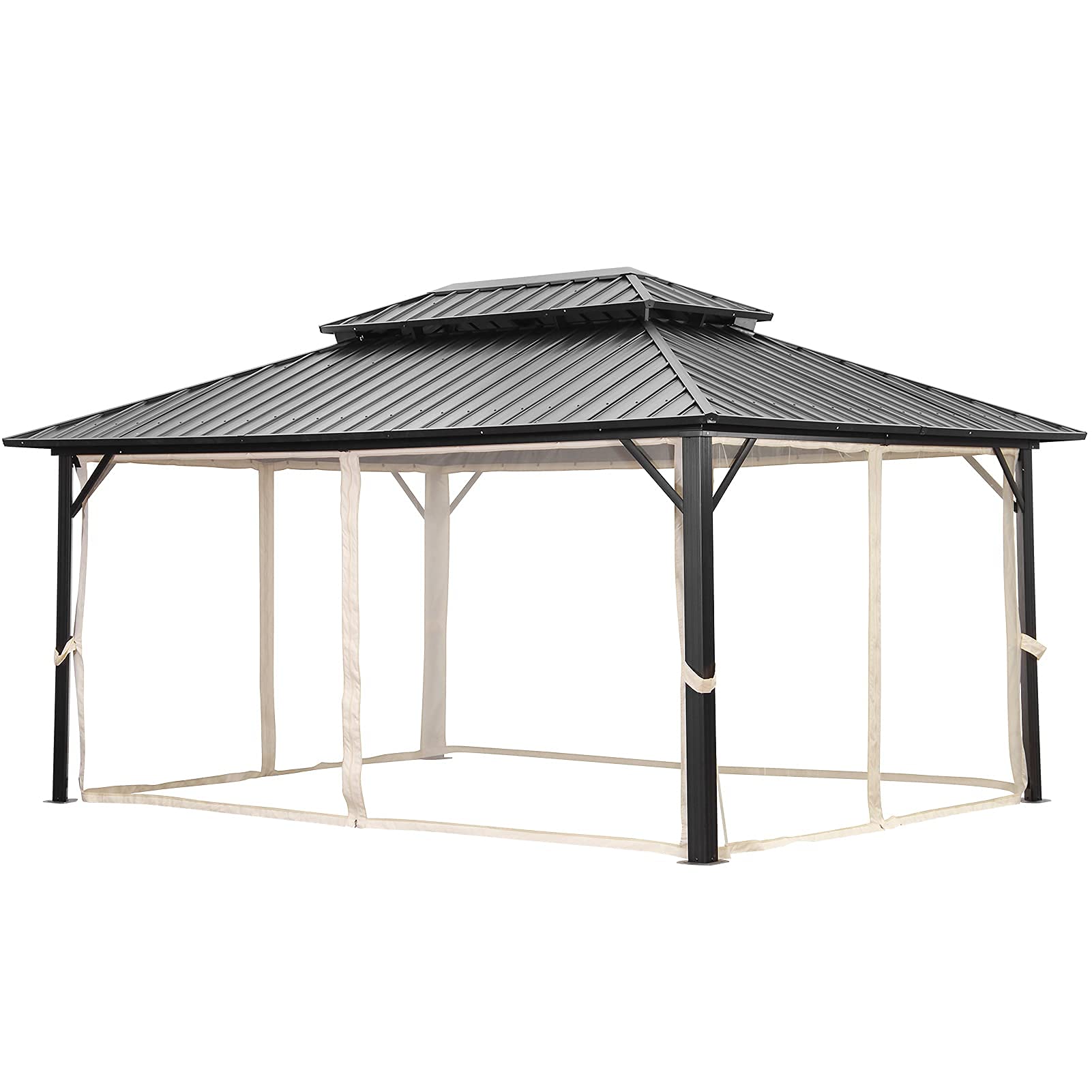【Gazebo】12x16 Outdoor Patio Hardtop Gazebo with Netting, Galvanized Steel Double Roof Canopy Gazebo