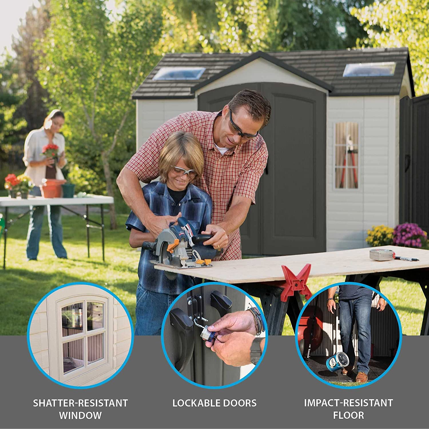 【Storage Shed】【BS】10'x8' Resin Outdoor Storage Shed with Shutters, Windows & Skylights for Garden Patio