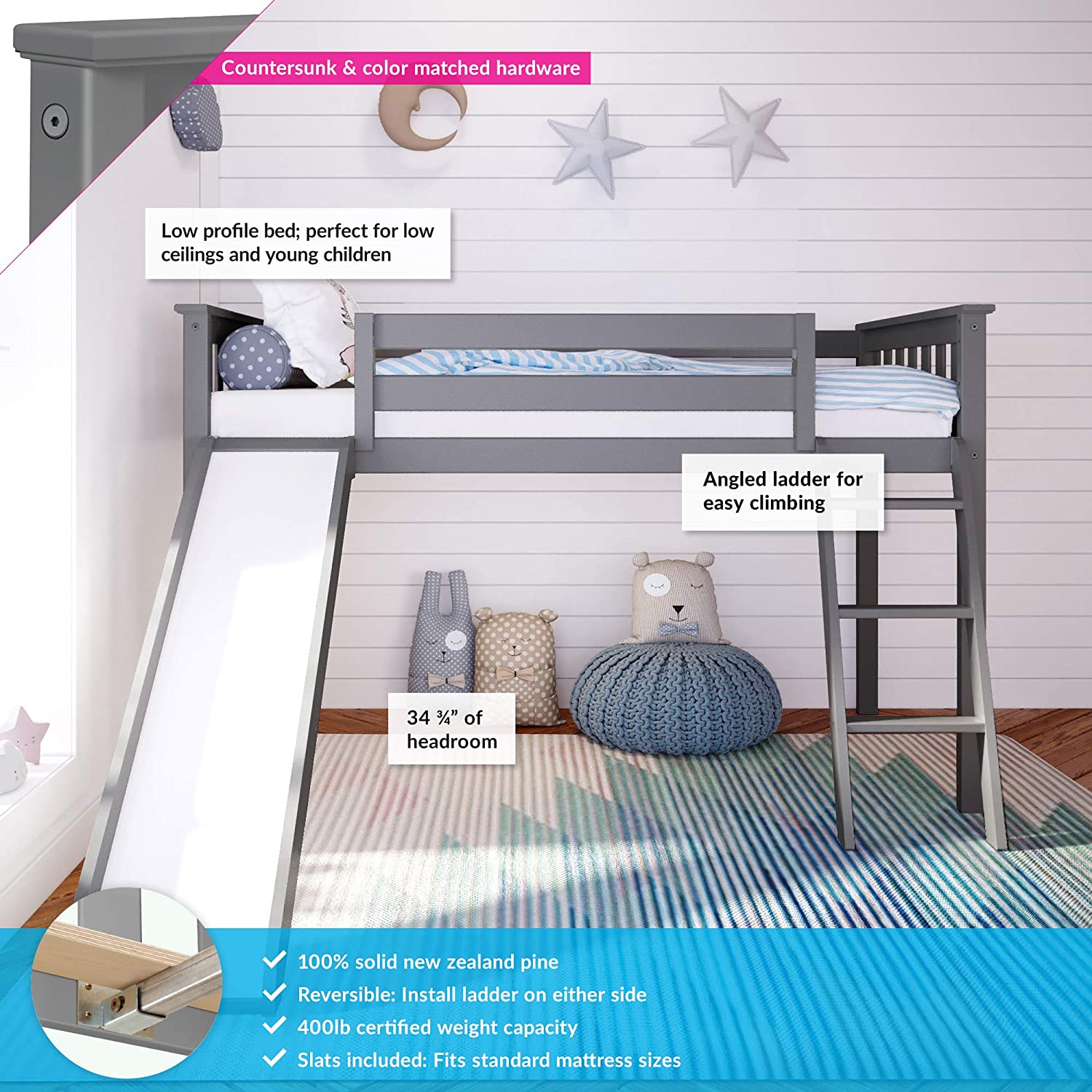 Max & Lily Low Loft Bed, Twin Bed Frame For Kids With Stairs and Slide, Grey