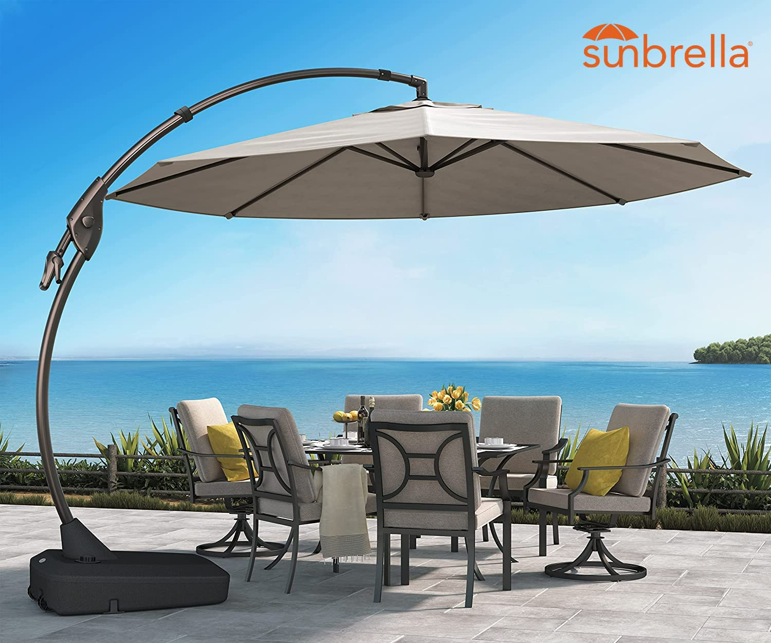 【Home&Garden】12 FT SUNBRELLA Deluxe NAPOLI Curvy Aluminum Offset Umbrella with Base (Canvas Flax)