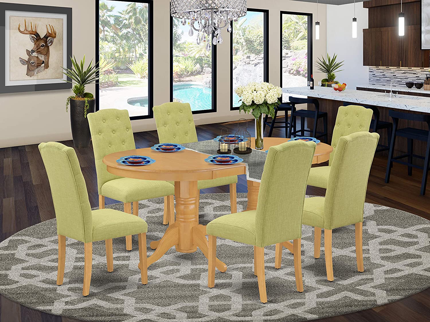 East West Furniture VACE7-OAK-07 7Pc Dinette Set Includes an Oval Dining Table with Butterfly Leaf and Six Parson Chairs with Lime Green Fabric, Oak Finish