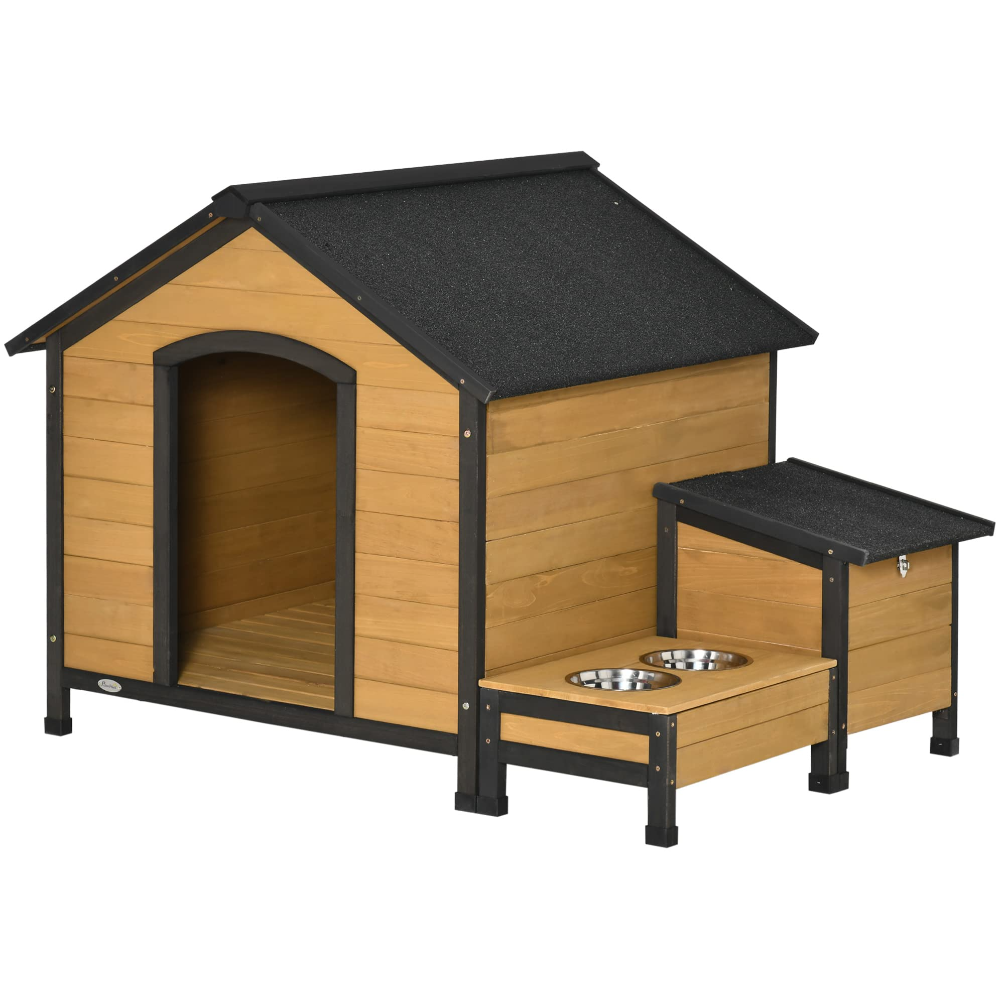 【Pet】Wooden Outdoor Dog House, Cabin-Style Pet House with Feeding Bowls, Asphalt Roof