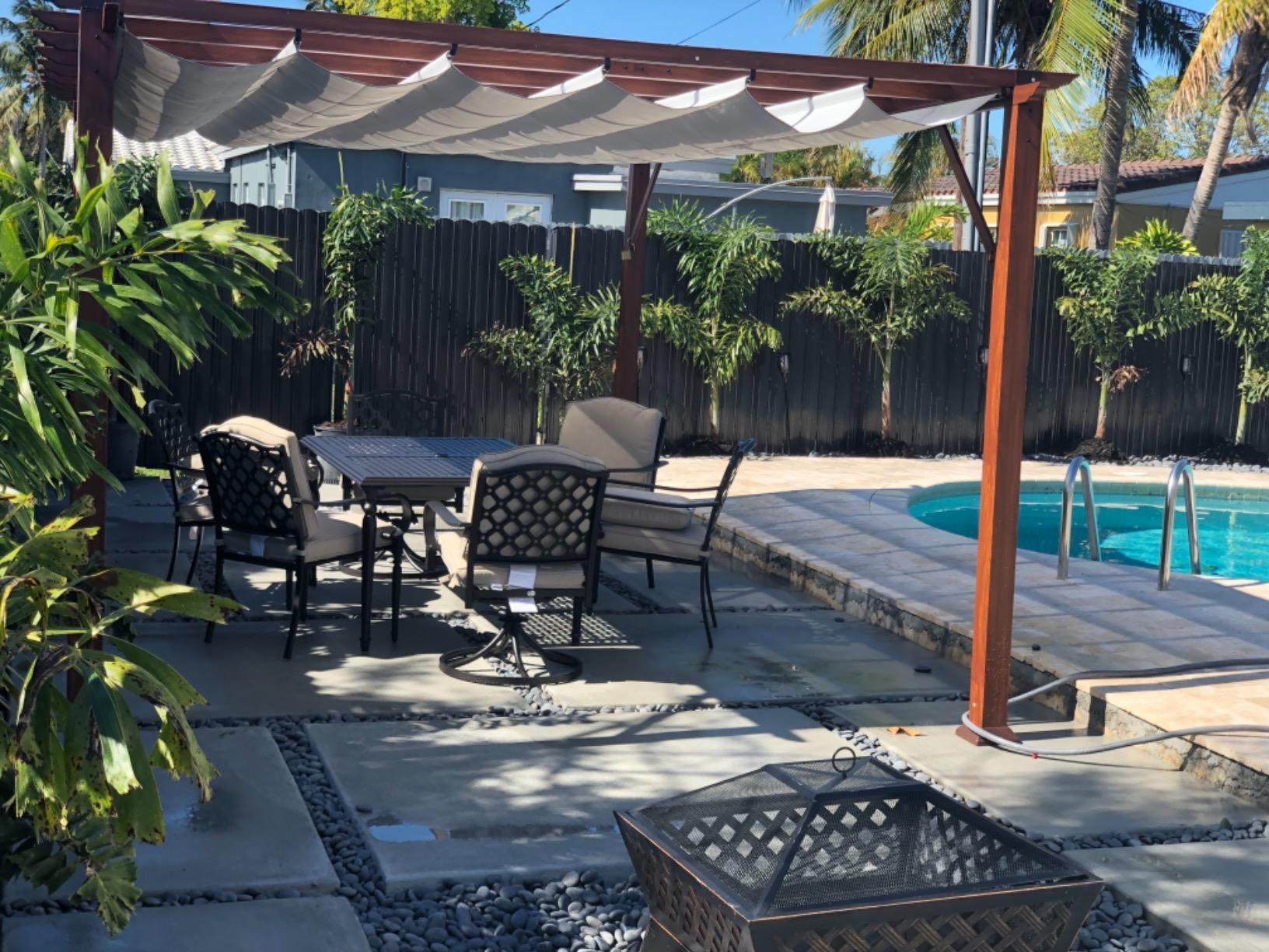 【Home&Garden】11' x 11' Palermo Soft Top Pergola, Chilean Ipe Wood Aluminum Frame Finish with Off-White Canopy