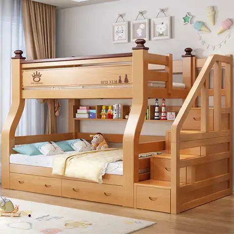 【Furniture】2m children bunk bed with rail and ladder, wood, double bed