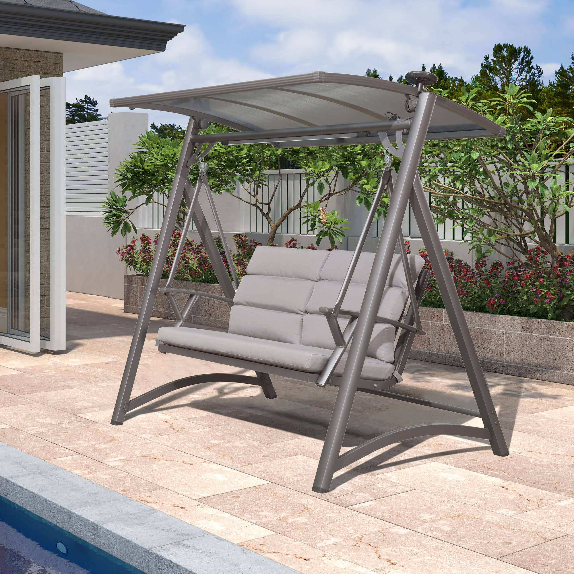 【Home&Garden】Modern Patio Swing Chair with Canopy Outdoor Deluxe 2 Person Yard Hammock Swing