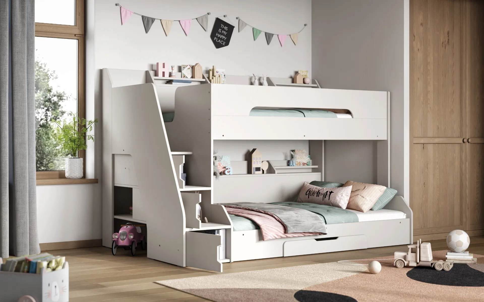 【Furniture】2m children bunk bed with rail and ladder, wood, double bed