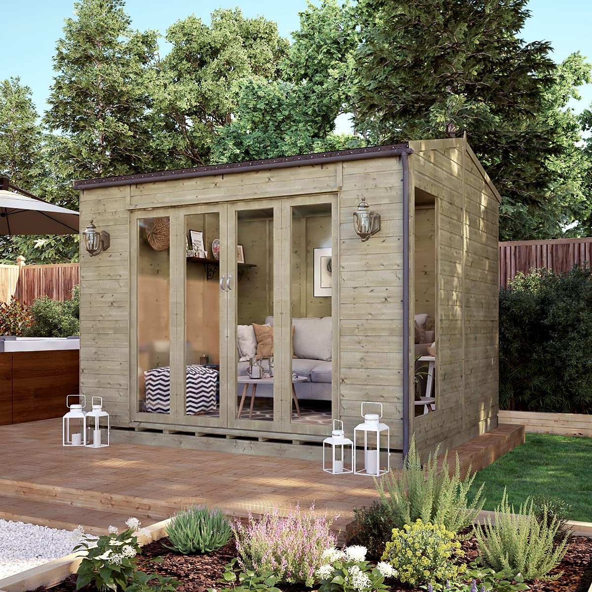 【Home&Garden】10x8 Cannes Wooden Summerhouse Garden Shed Wide Bi-fold Double French Doors