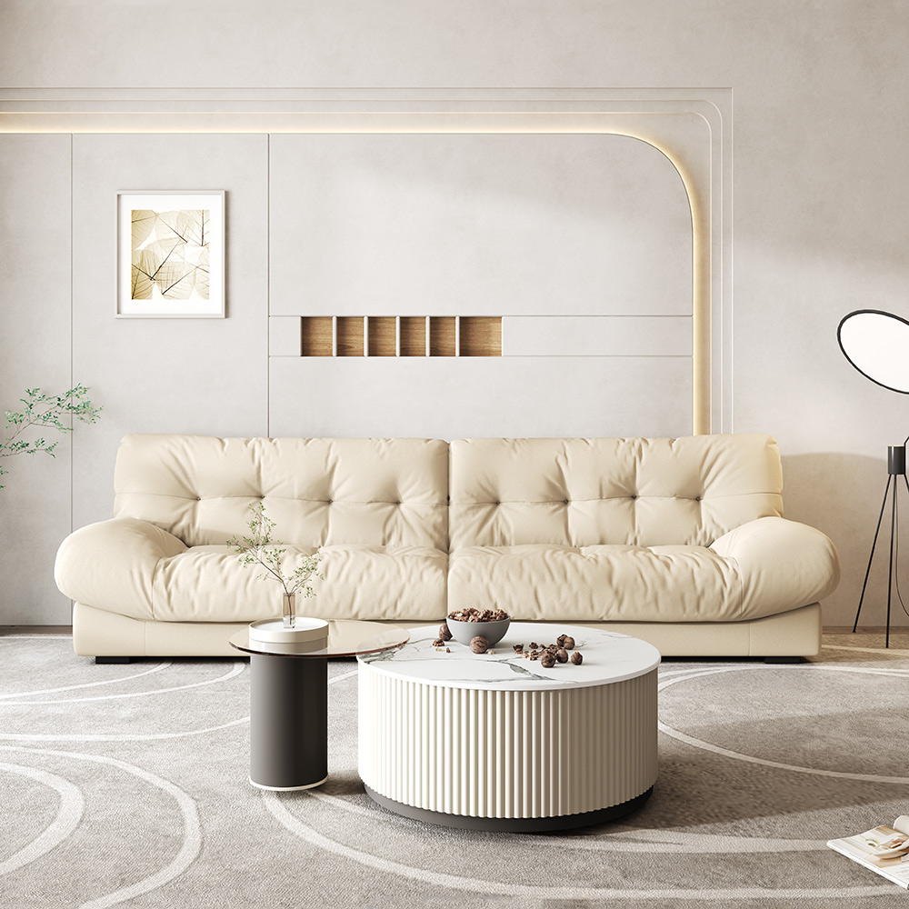 Modern Section Sofa with Arms, Velvet Cloth Sofa, Sponge and Down, For Living Room, Beige, 106.29''