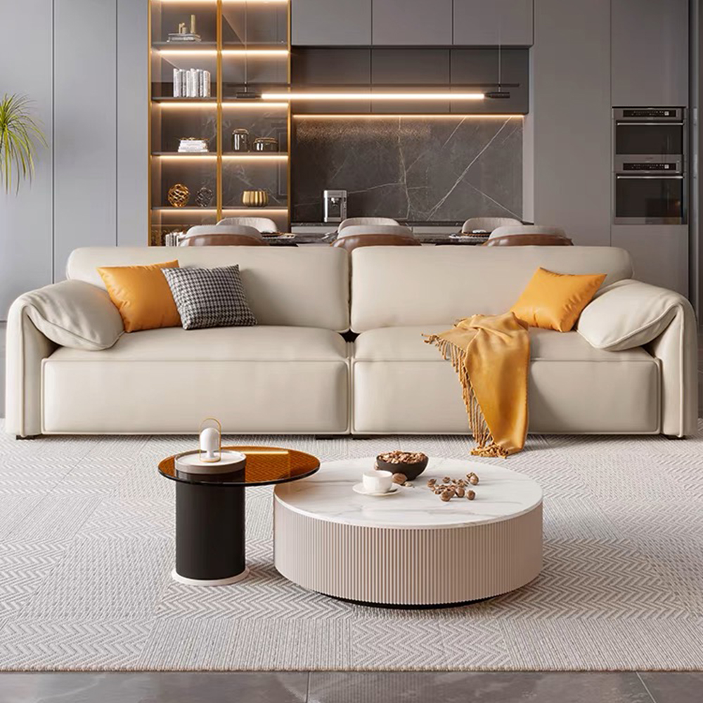 Modern 4 Seater Sofa, Modern Couch with Cat Scratch Fabric, Armrest, 4 Pillows, Pine Wood Frame, Bamboo Charcoal Sponge, Beige, 110.24''