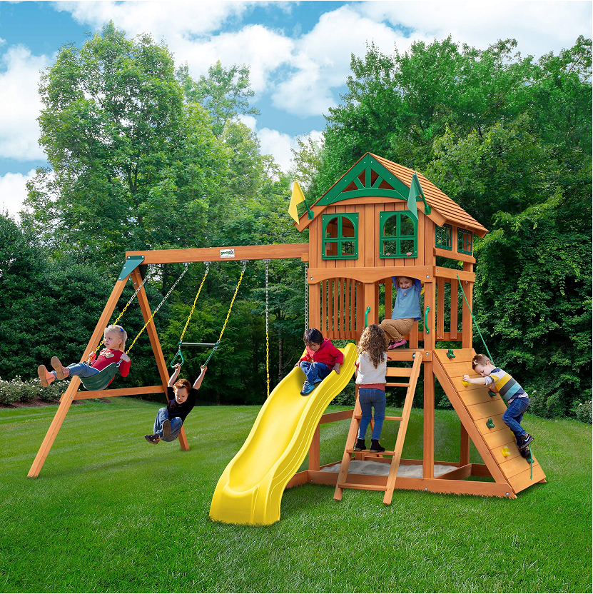 【Baby&Kids】Gorilla Playsets Outdoor Wood Swing Set with Wood Roof & Yellow Slide, Amber